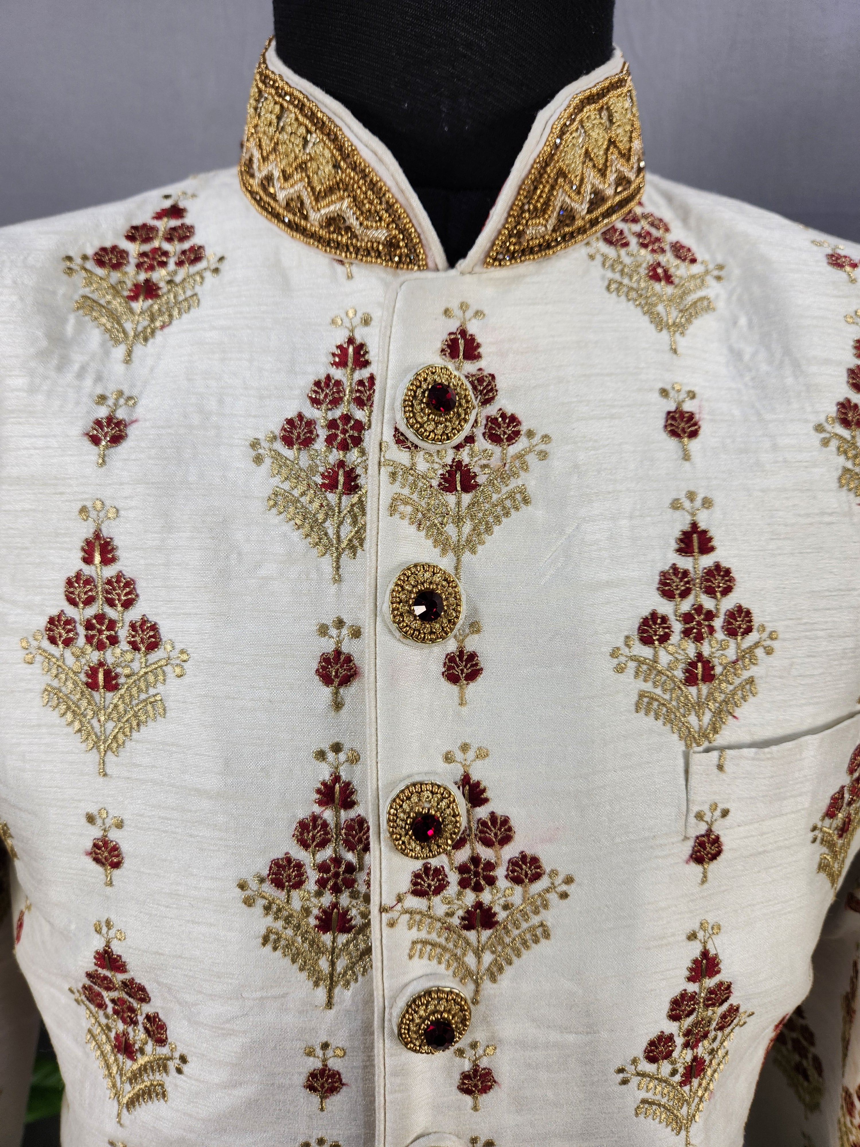 White Wedding Groom Sherwani  with Red Floral embroidery