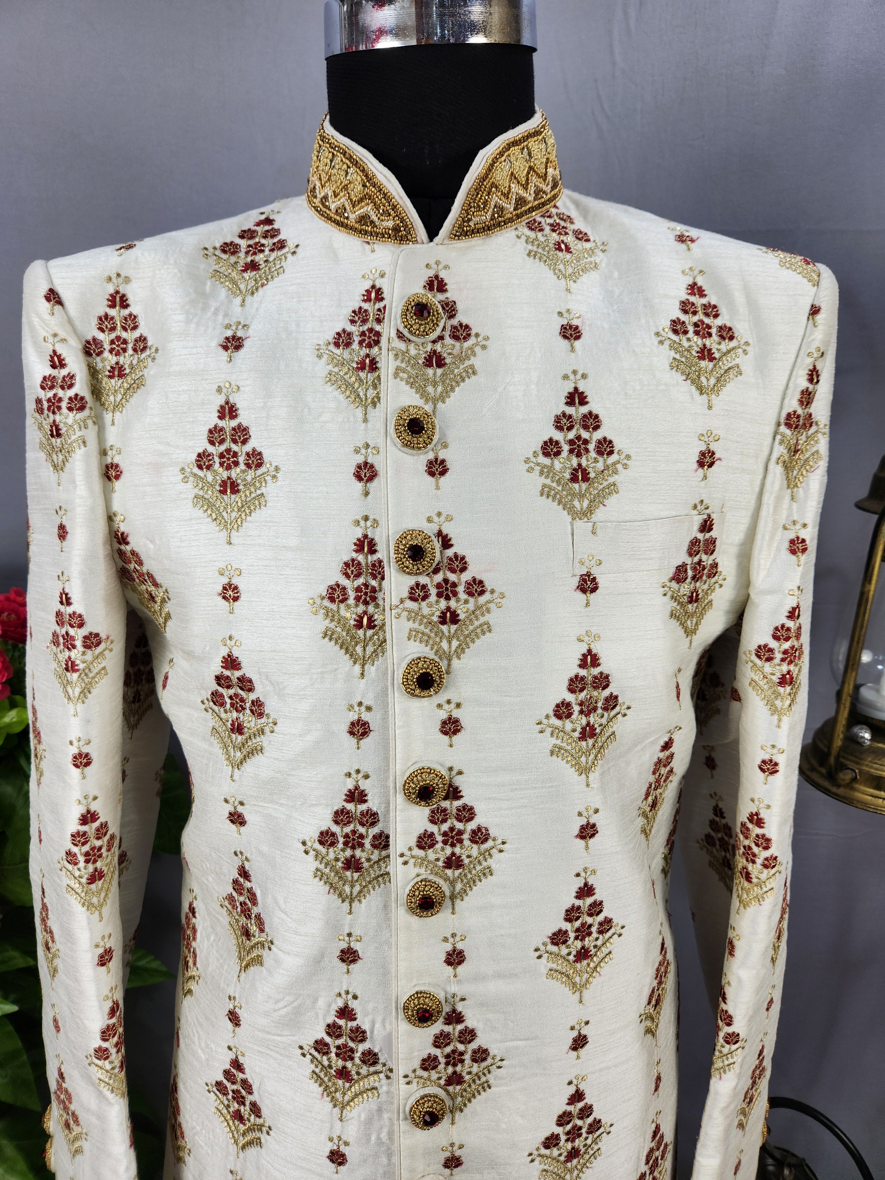 White Wedding Groom Sherwani - Red Floral Accents | Sherwani For Men