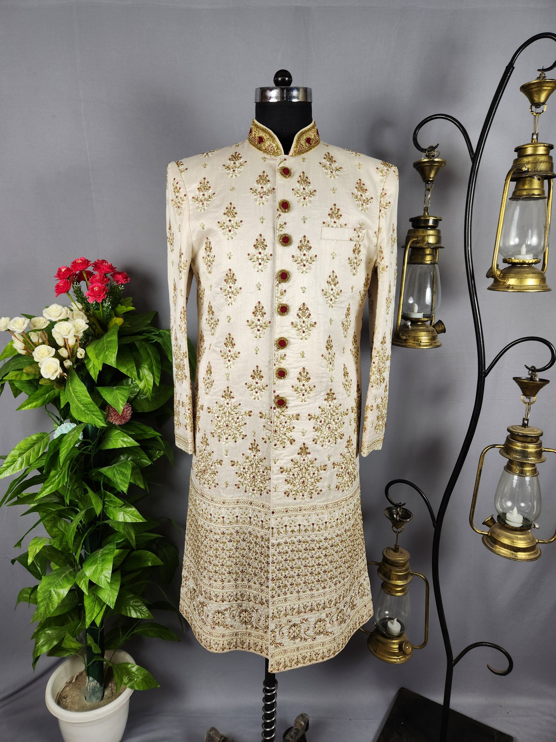 White Wedding Groom Sherwani with Red Embroidery, Golden Zarkan