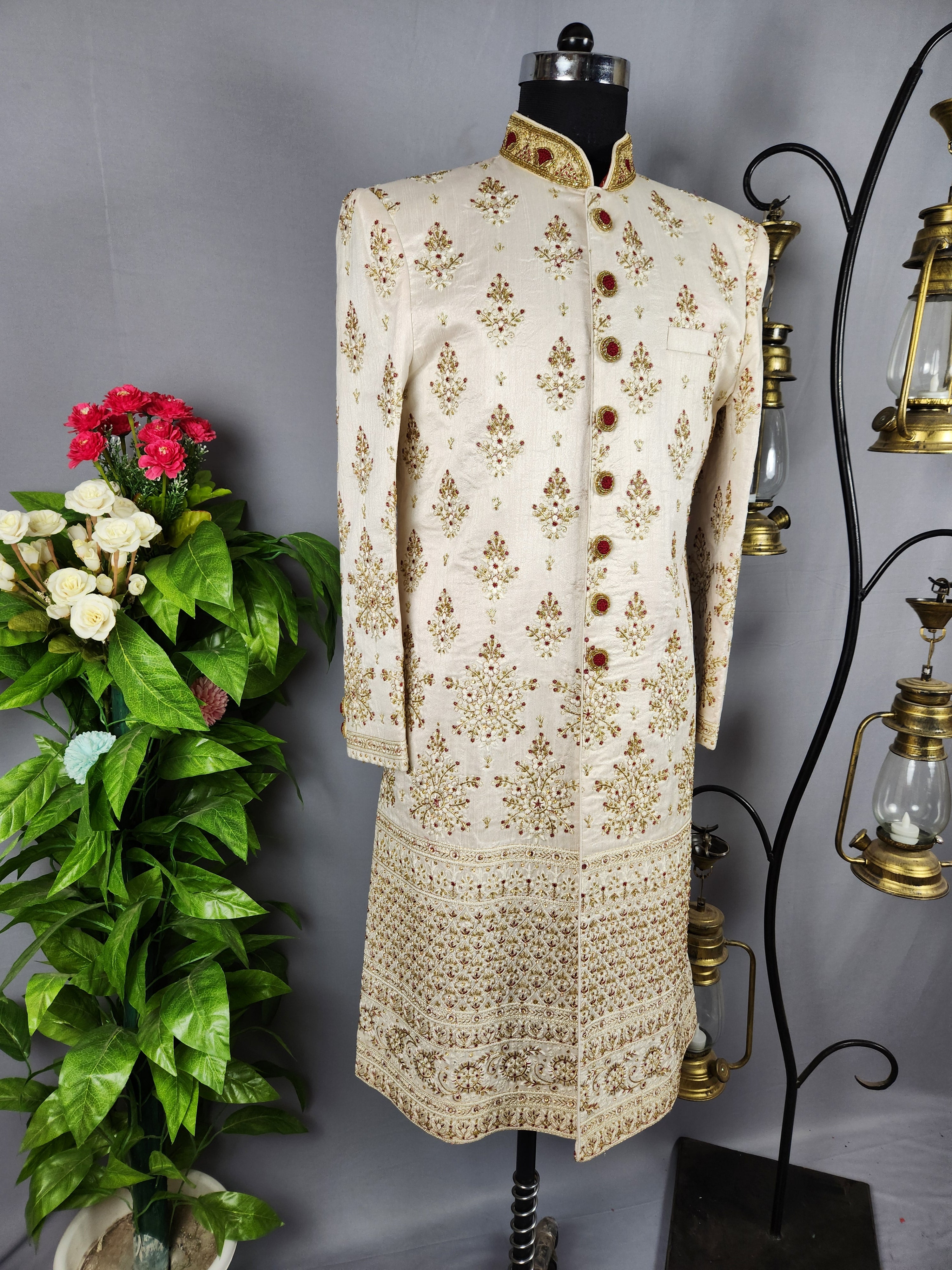 White Wedding Groom Sherwani with Red Embroidery, Golden Zarkan