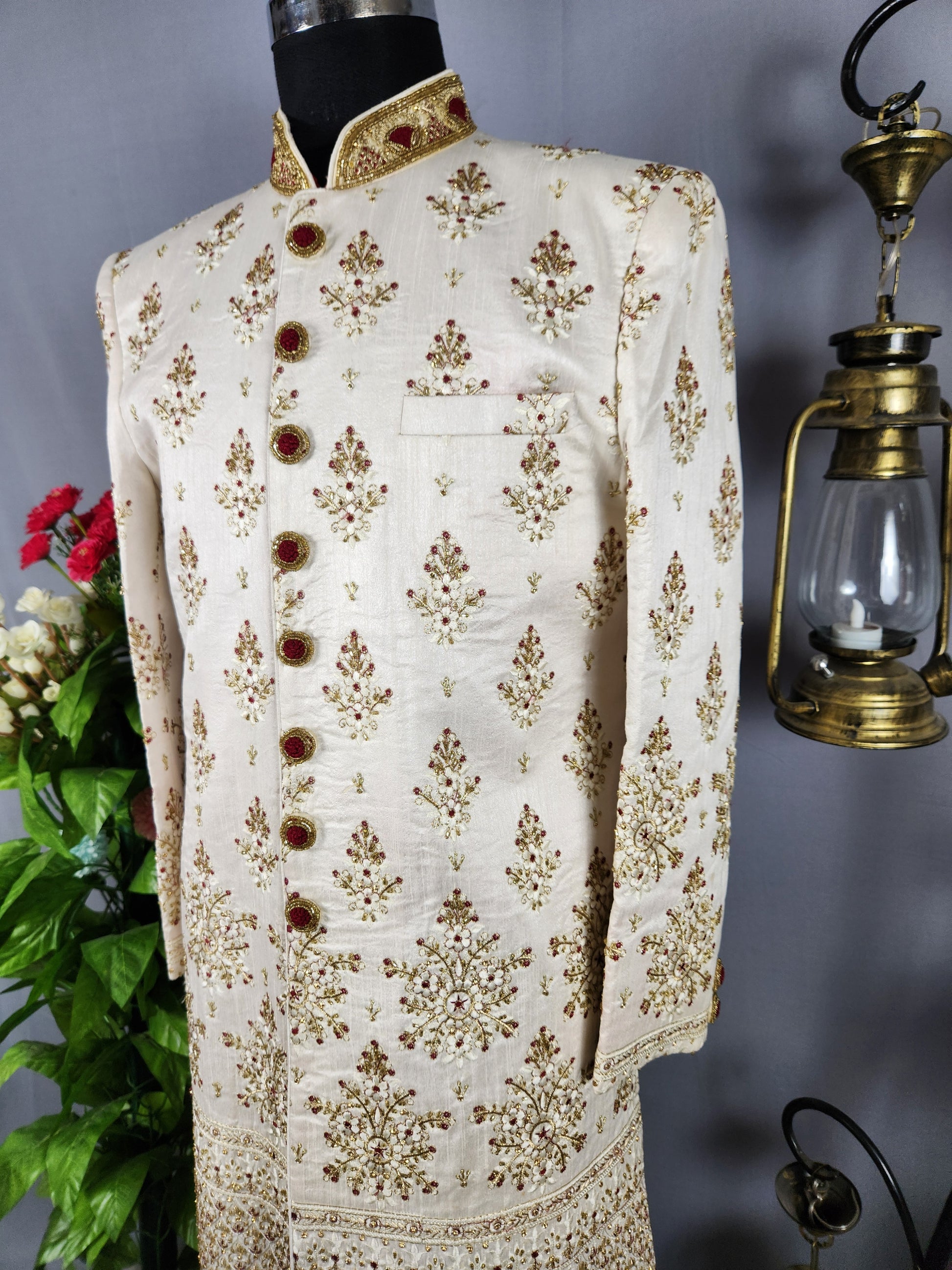 White Wedding Groom Sherwani with Red Embroidery, Golden Zarkan