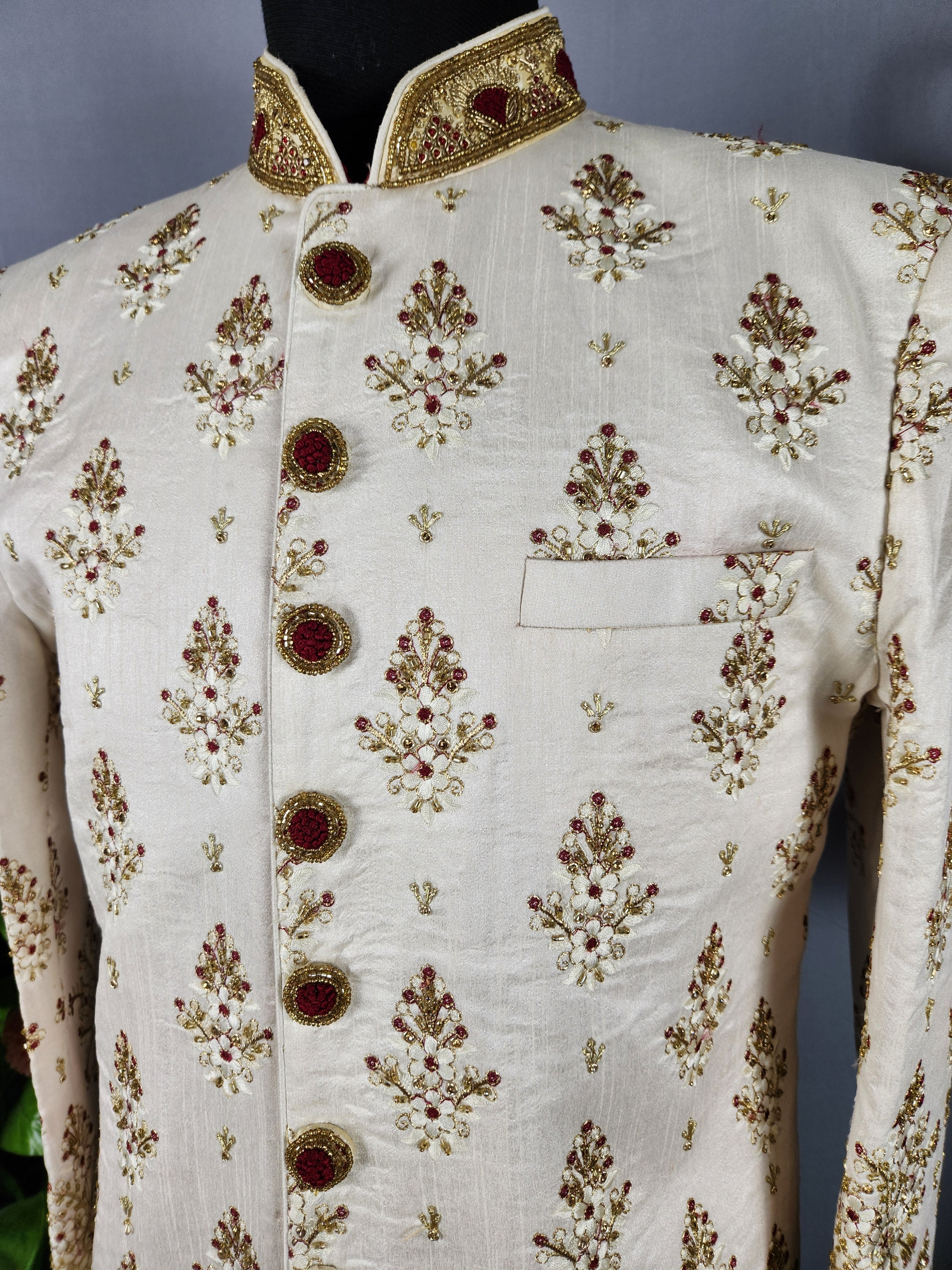 White Wedding Groom Sherwani with Red Embroidery, Golden Zarkan