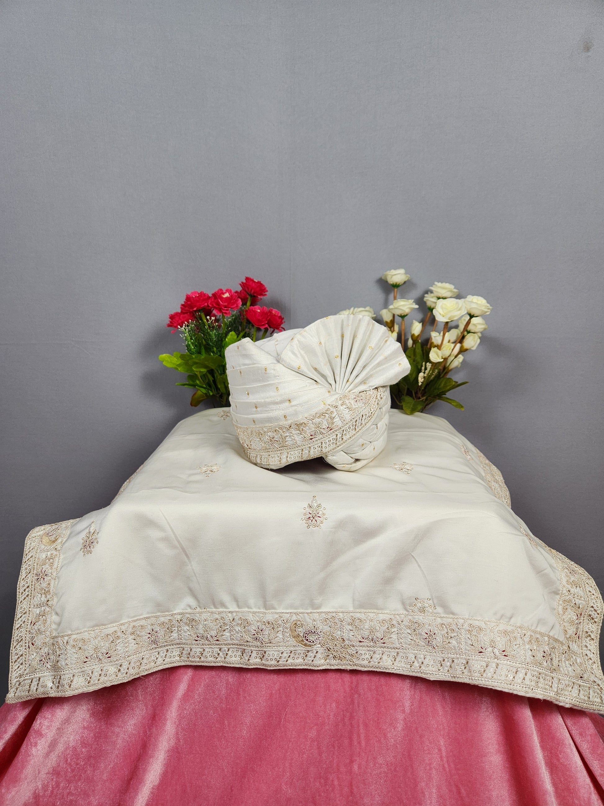 White Groom Turban Shawl With Peacock Work