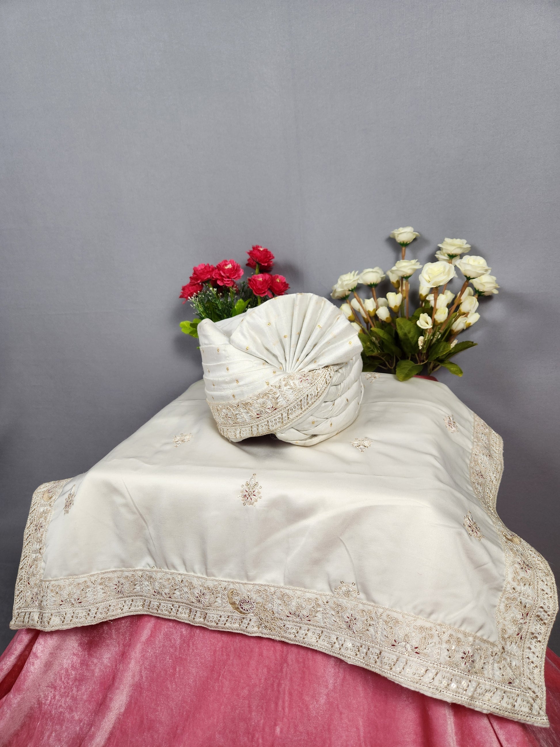 White Groom Turban Shawl With Peacock Work