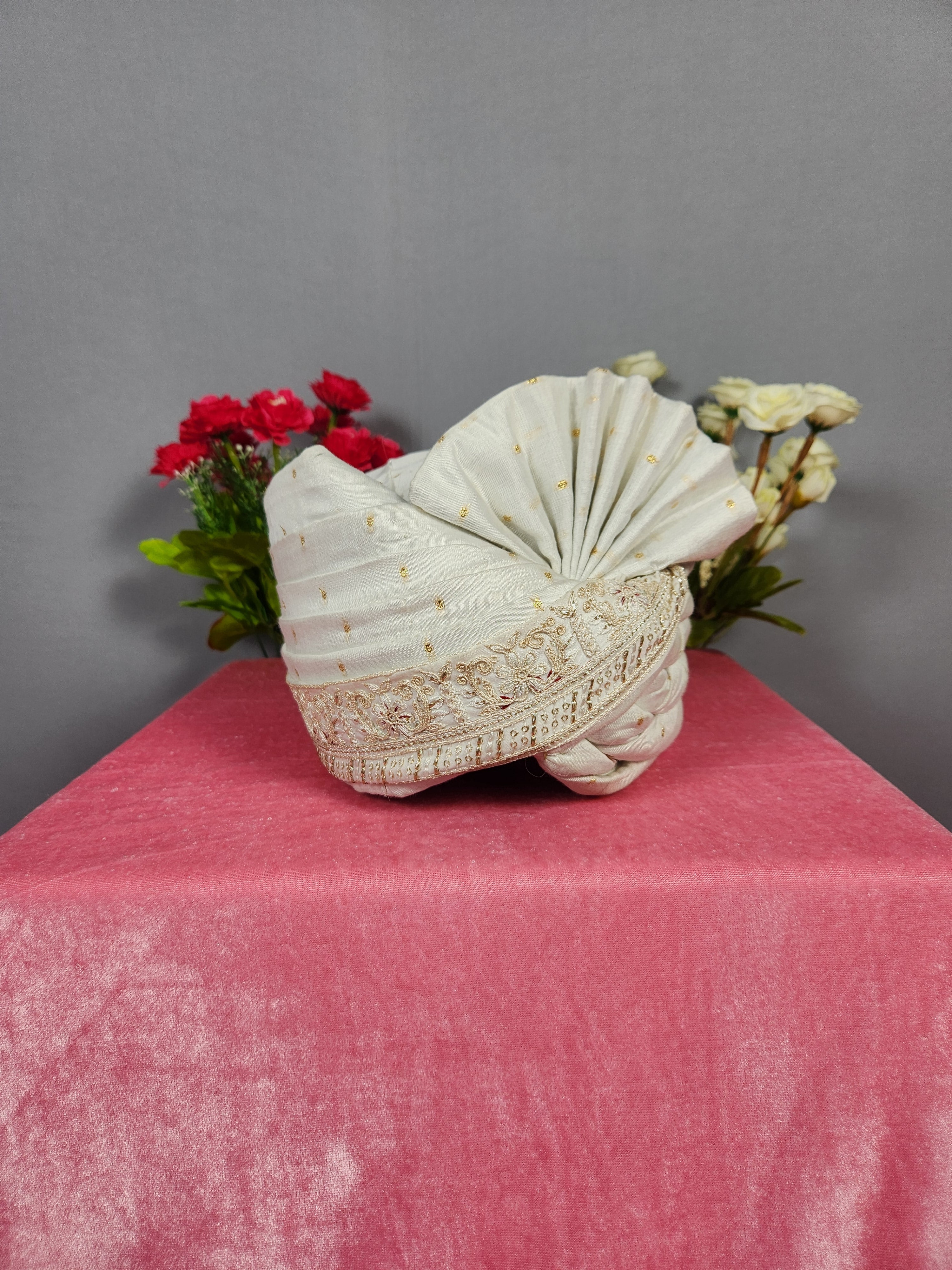 White Groom Turban With Peacock Design