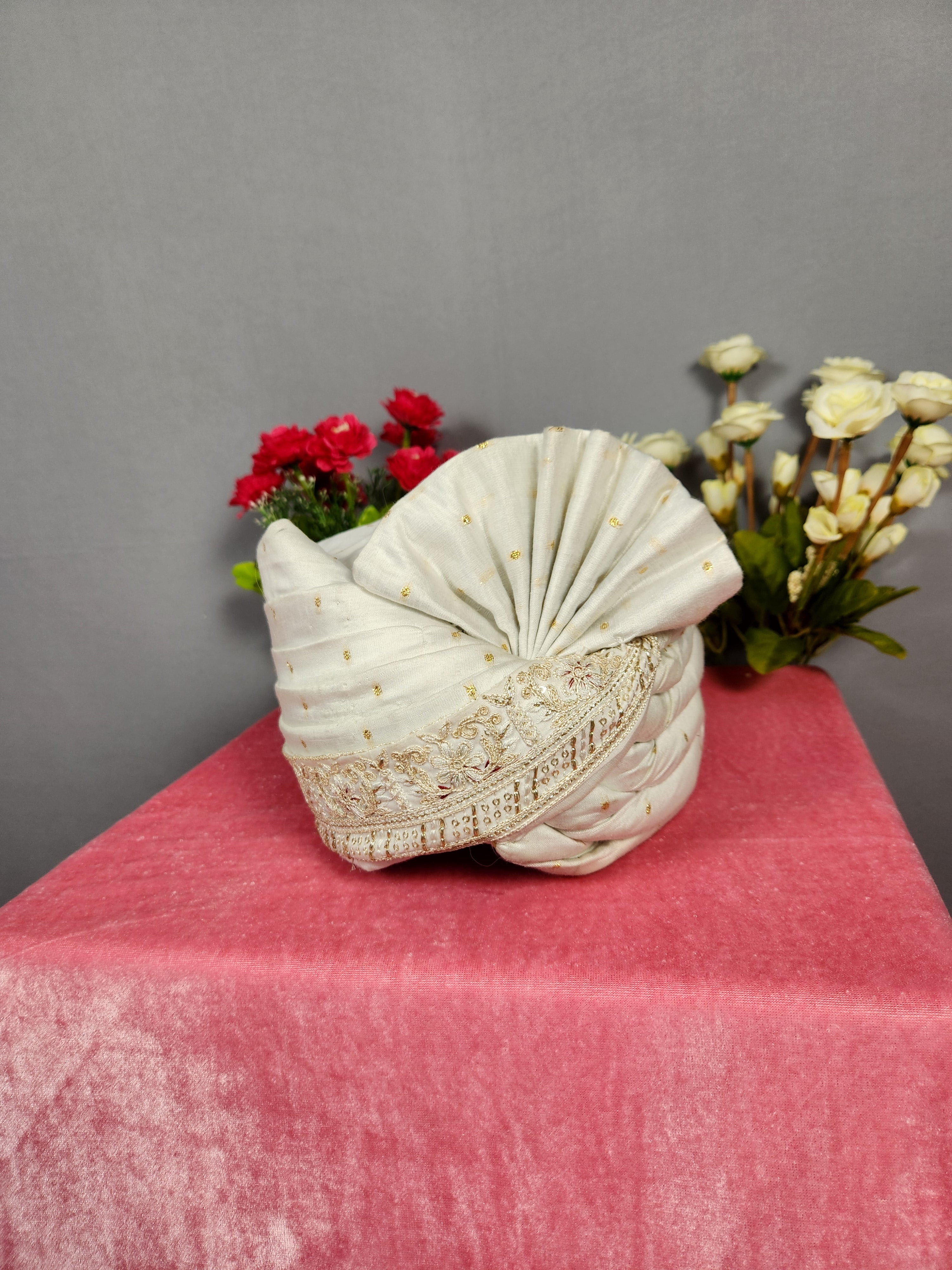 White Groom Turban With Peacock Design