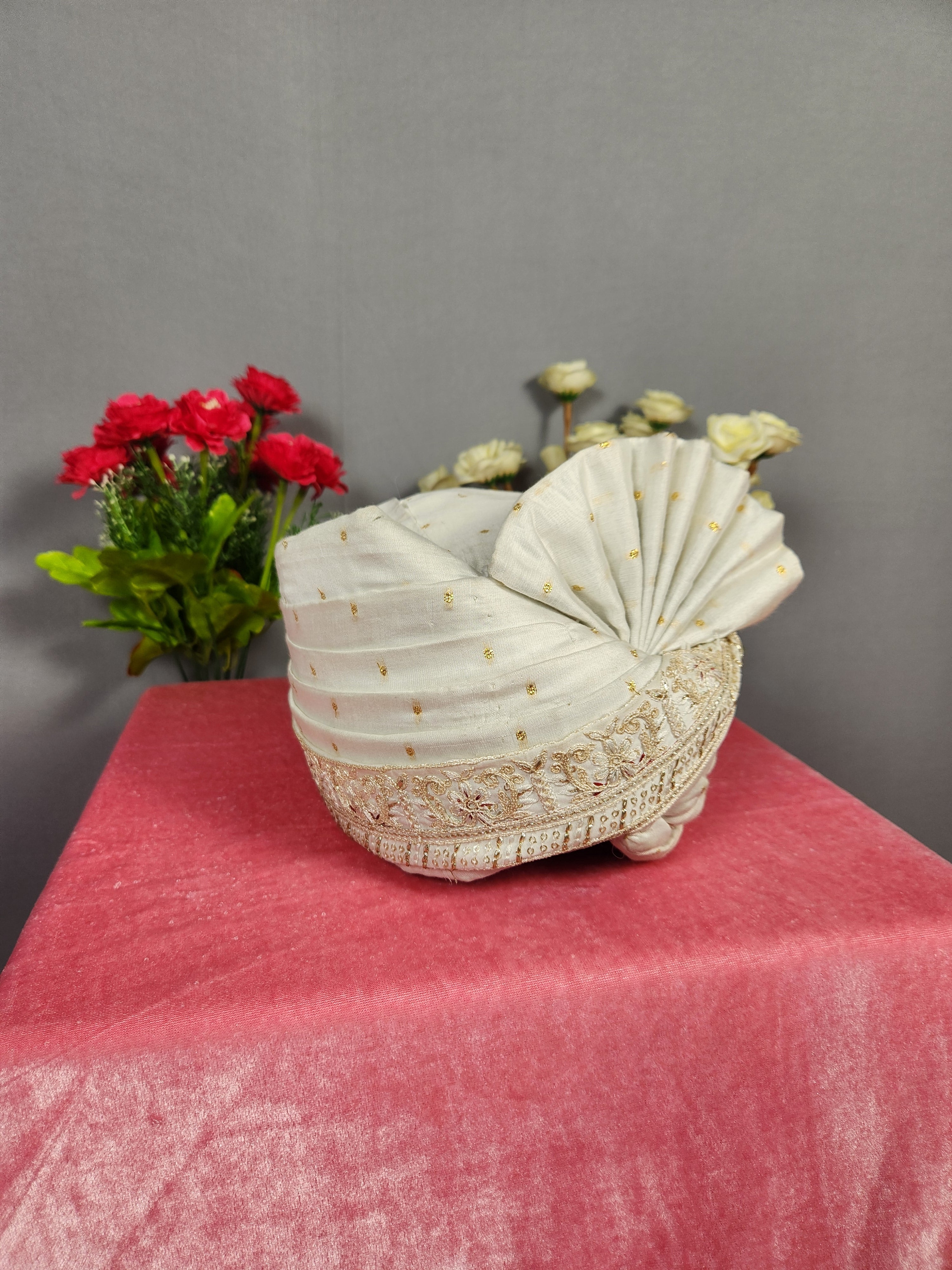 White Groom Turban With Peacock Design