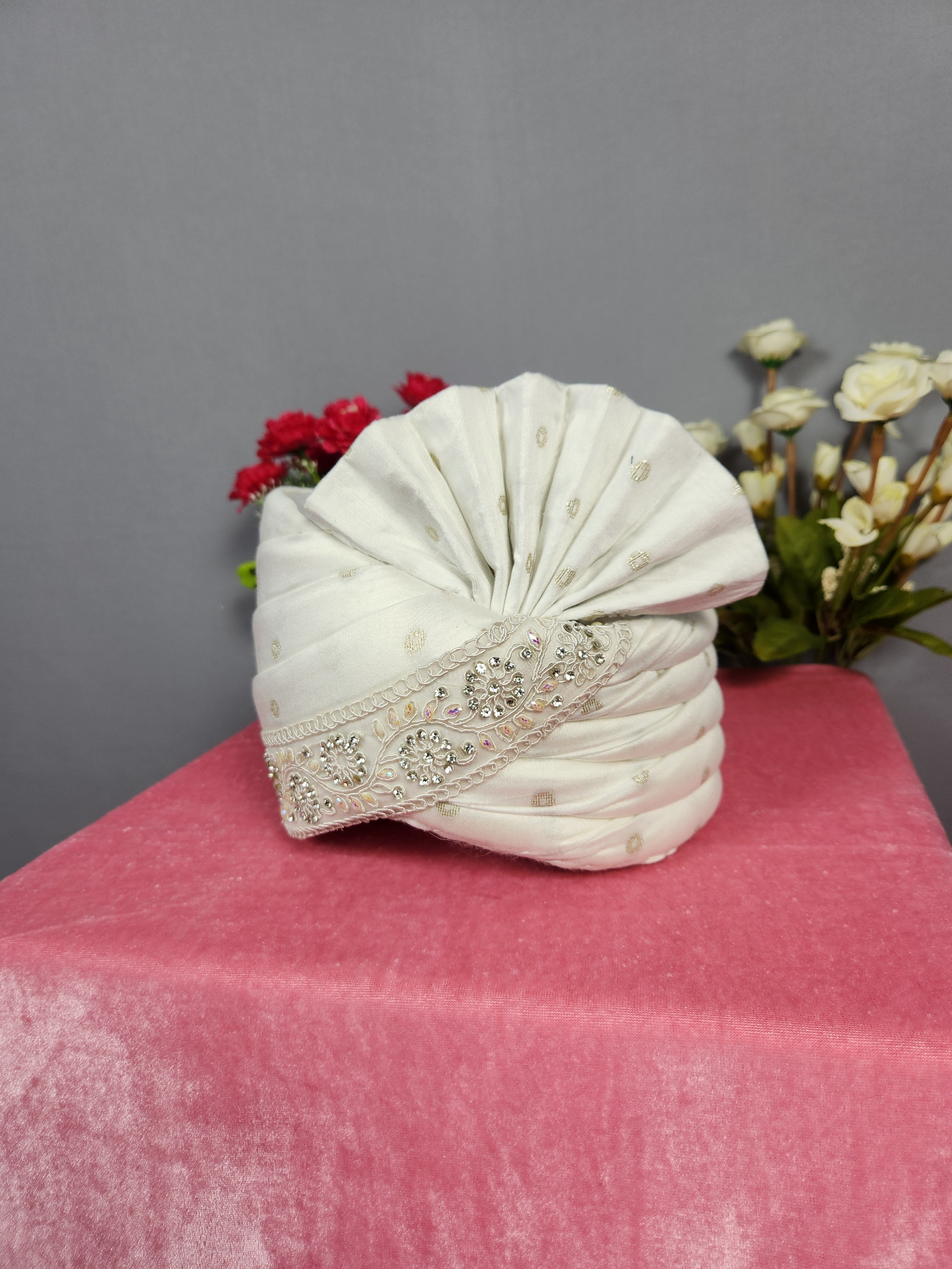 White Groom Turban With Zarkan Work