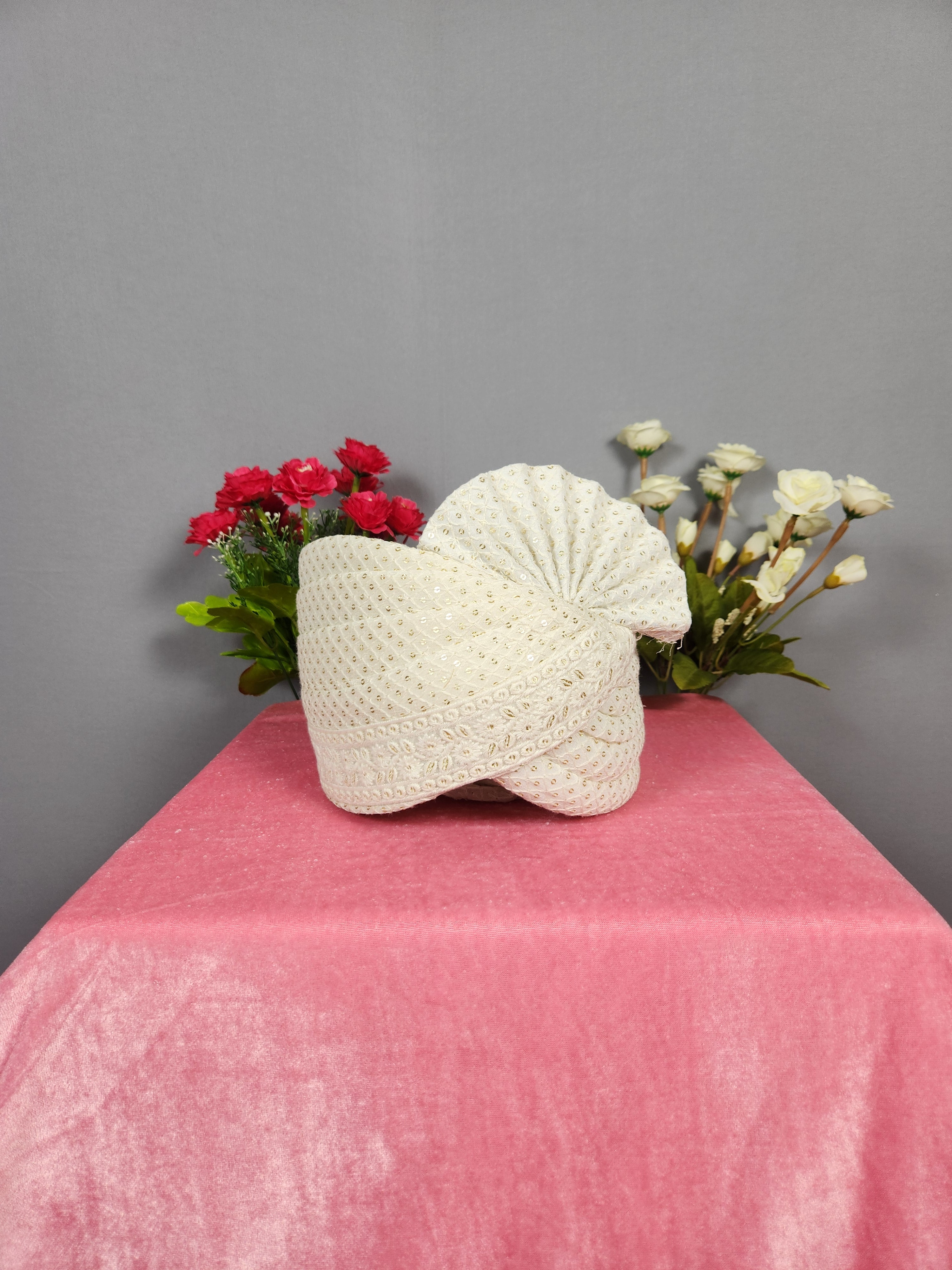 White Groom Turban With Chikankari Work