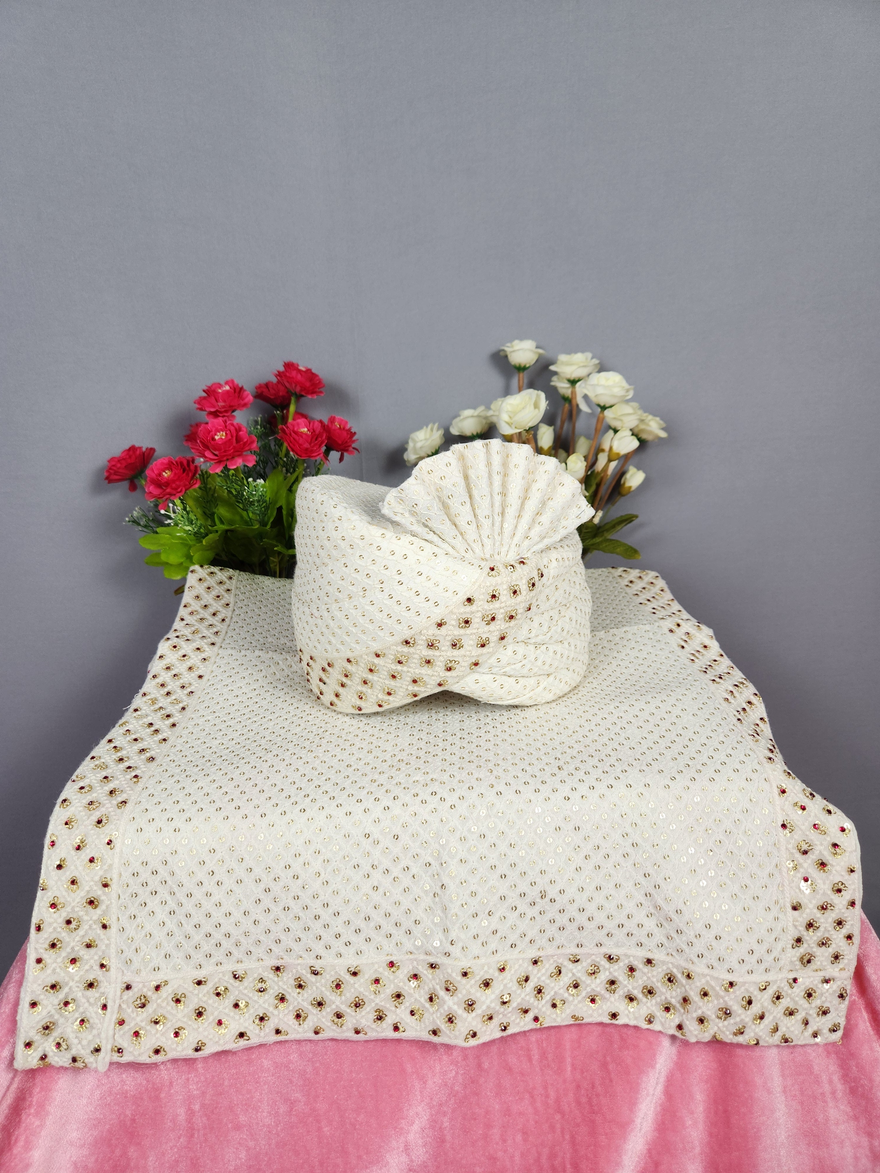 White Groom Turban Shawl With Red Stones | Dupatta Safa Set For Men