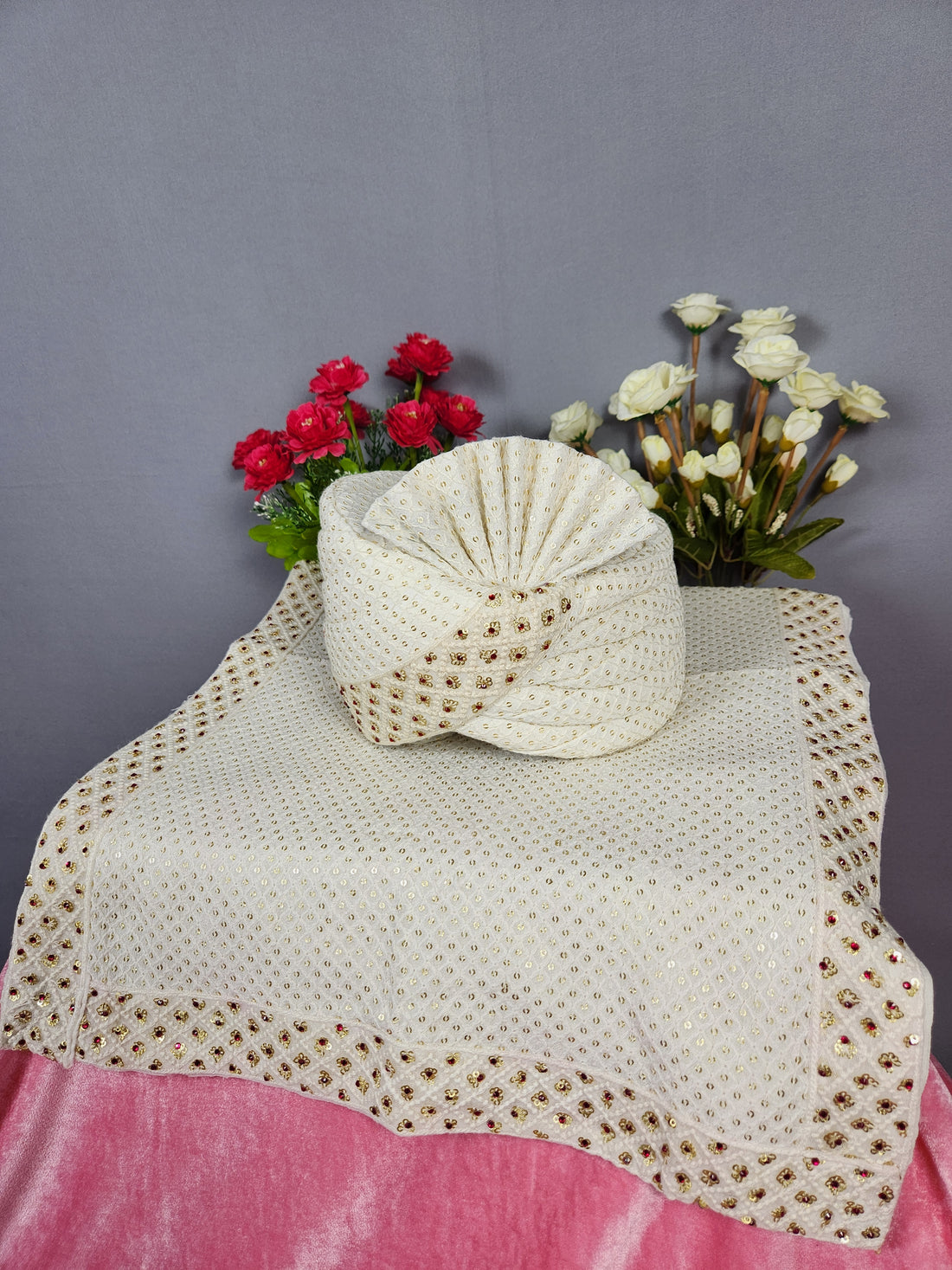 White Groom Turban Shawl With Red Stones | Dupatta Safa Set For Men