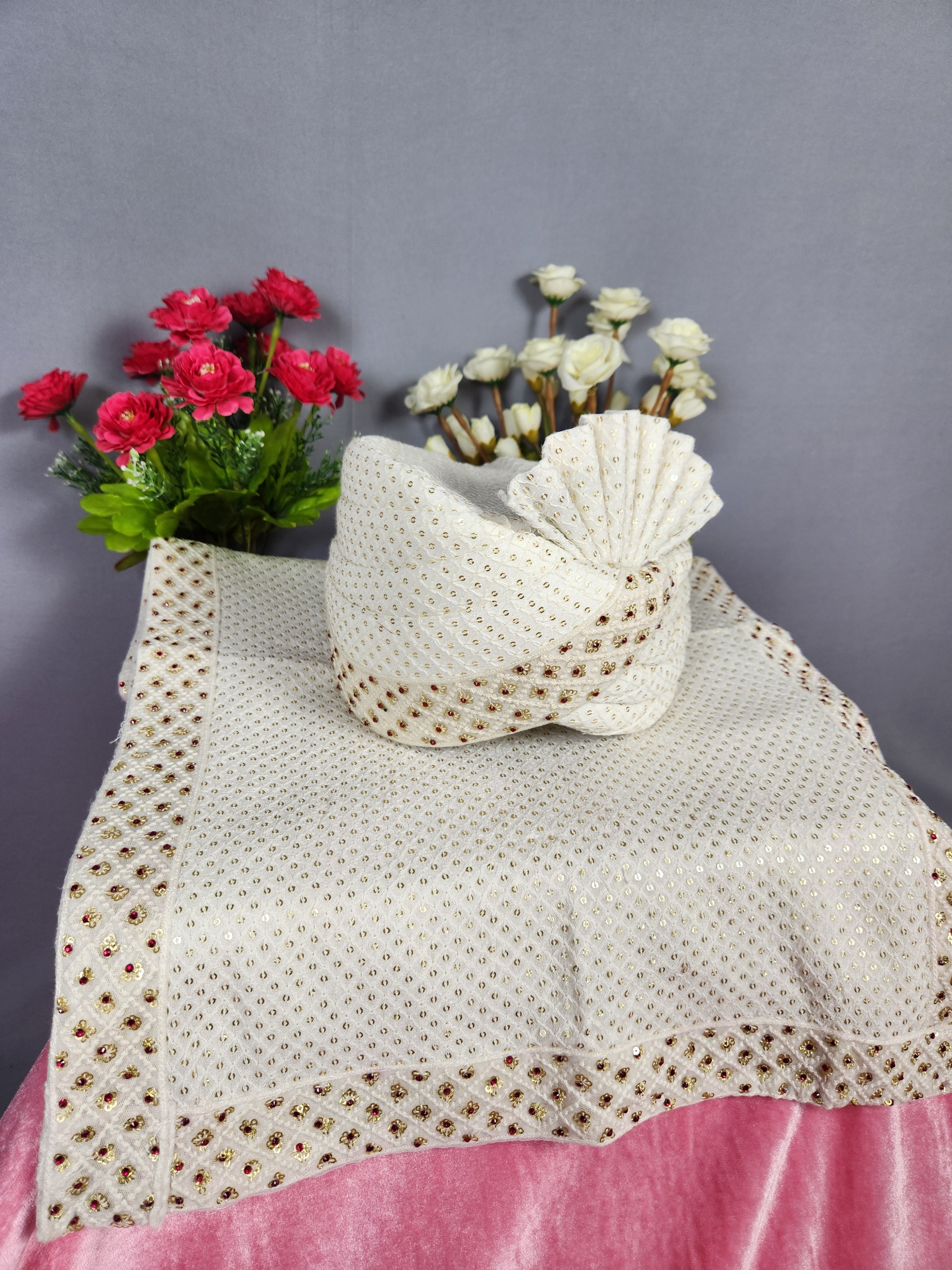 White Groom Turban Shawl With Red Stones | Dupatta Safa Set For Men