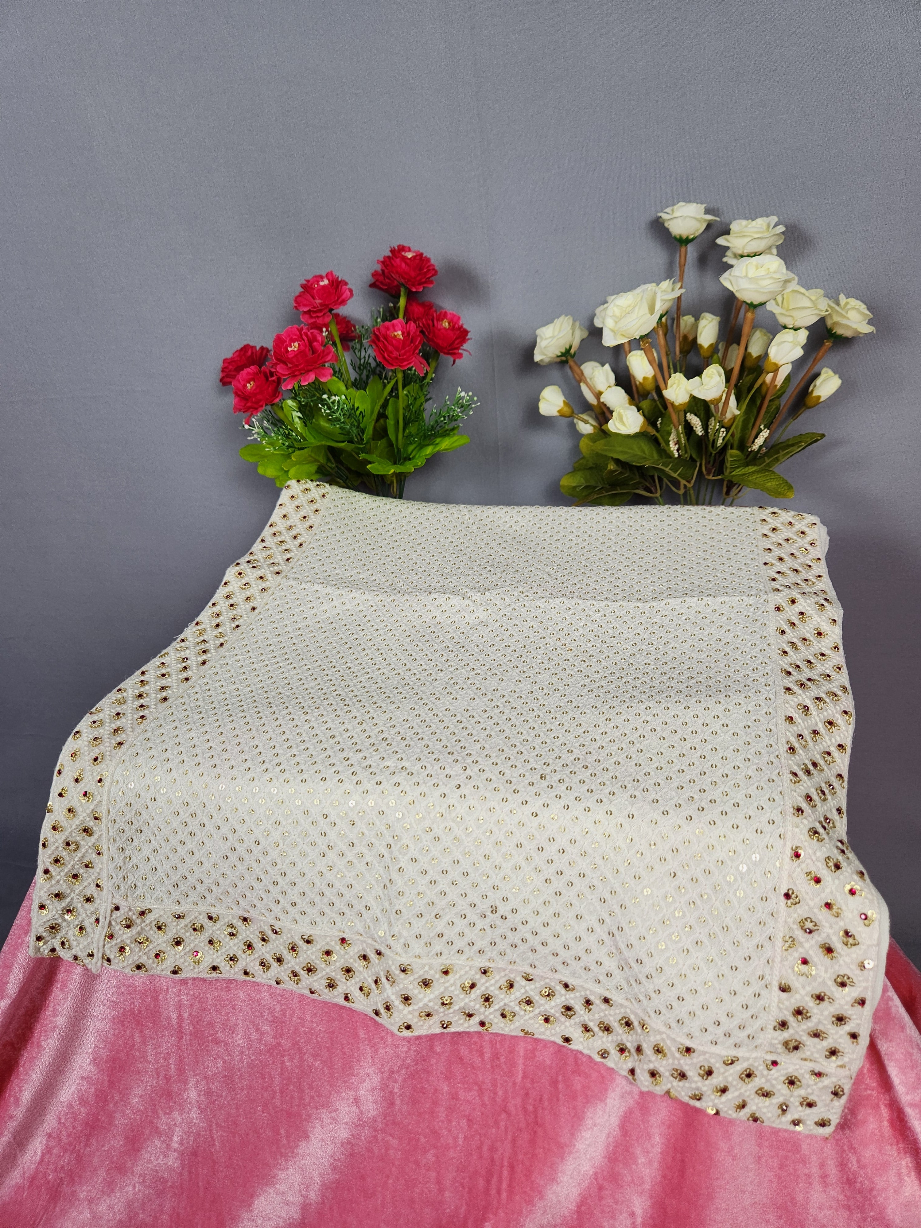 White Groom Turban Shawl With Red Stones | Dupatta Safa Set For Men