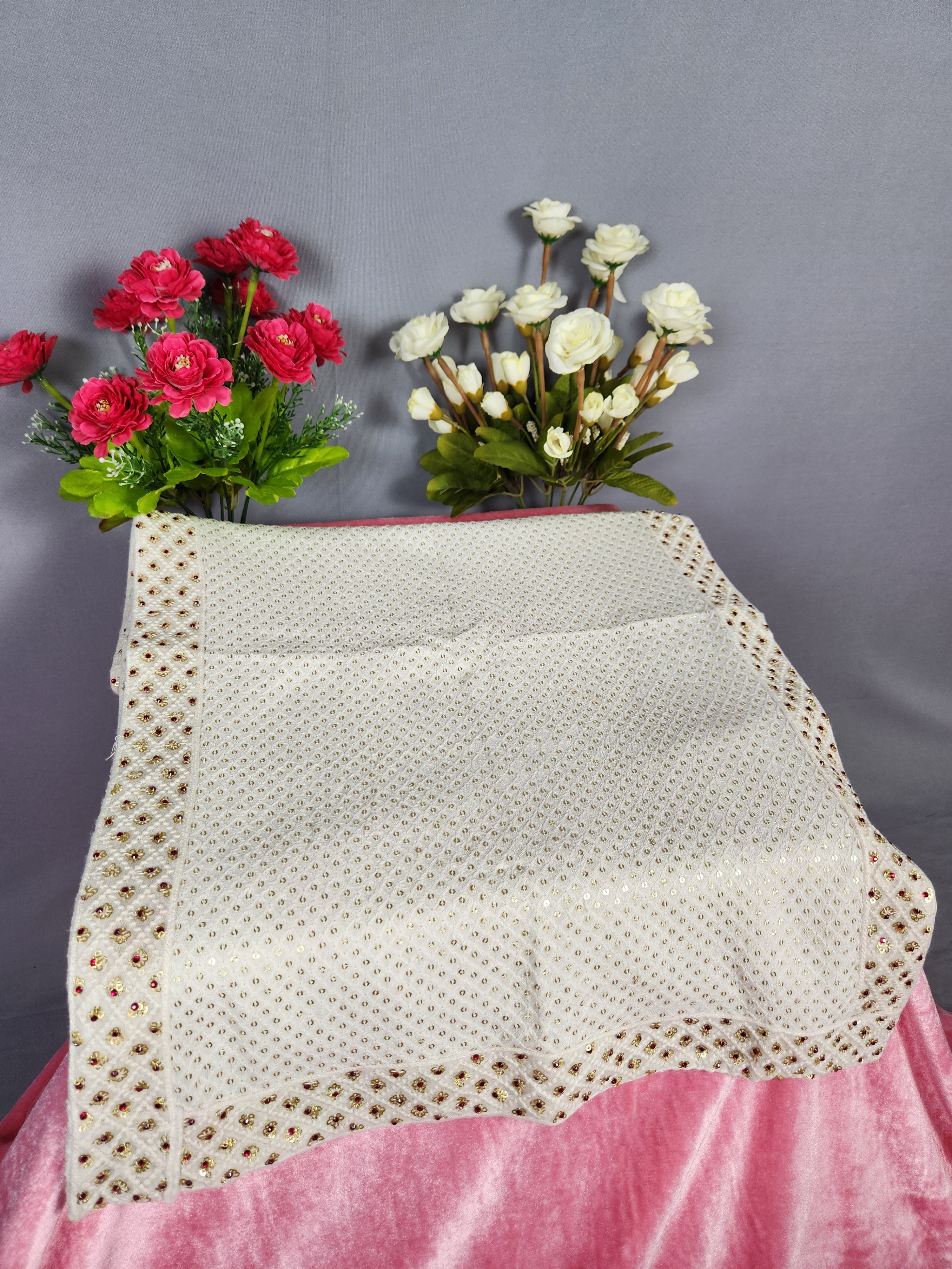 White Groom Turban Shawl With Red Stones | Dupatta Safa Set For Men