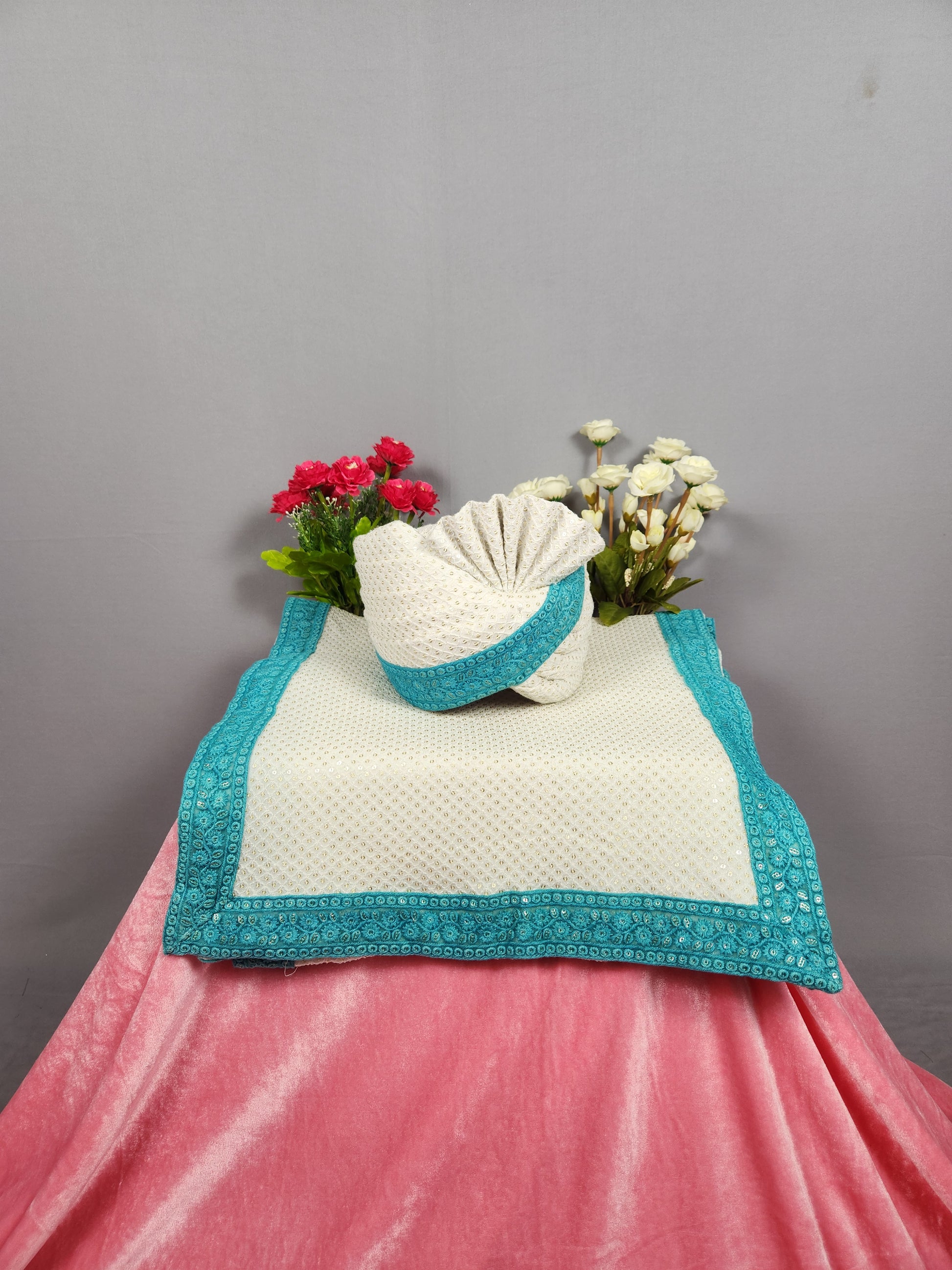 White Groom Turban Shawl With Turquoise Border
