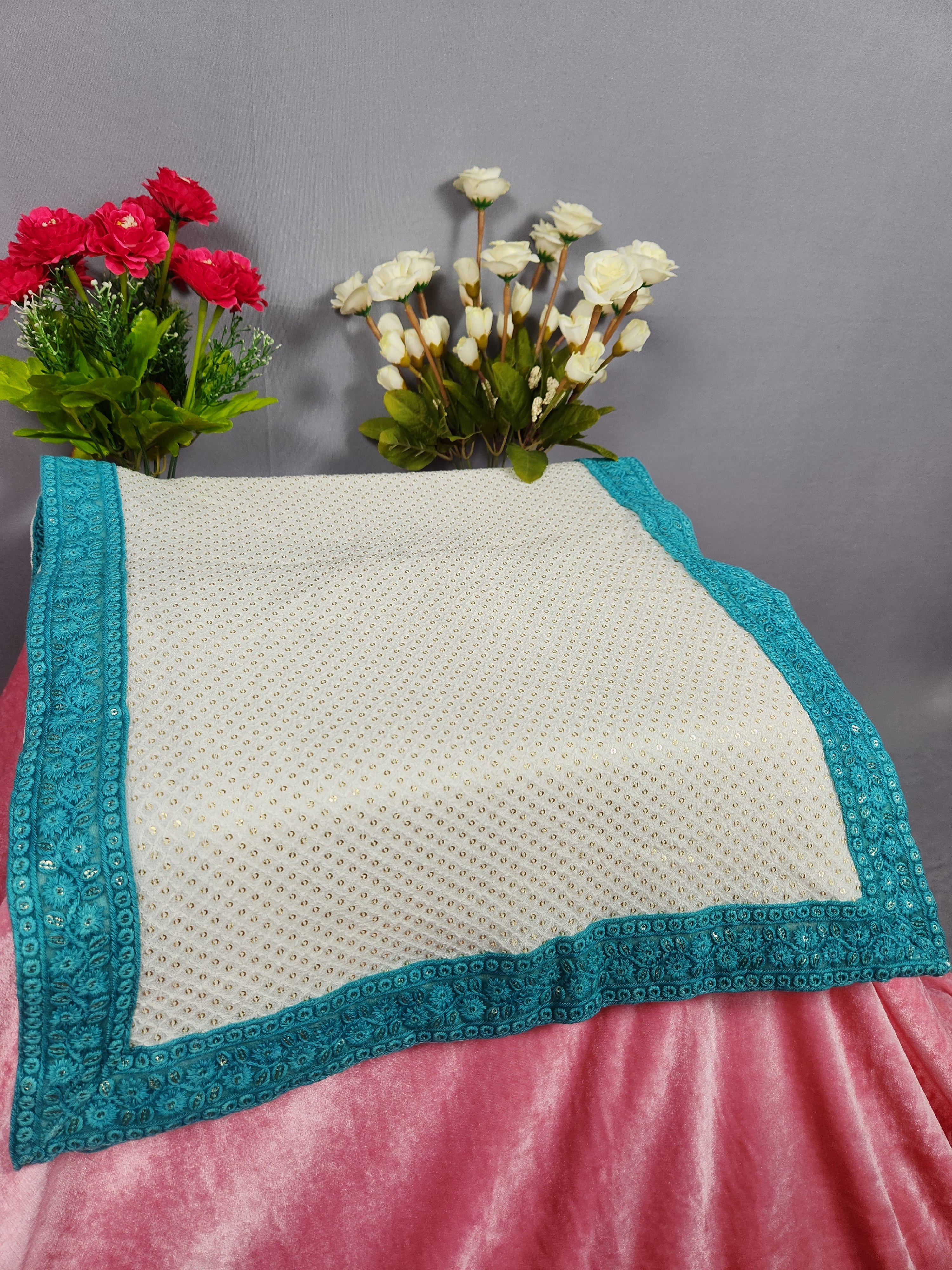 White Groom Turban Shawl With Turquoise Border | Dupatta Safa Set For Men