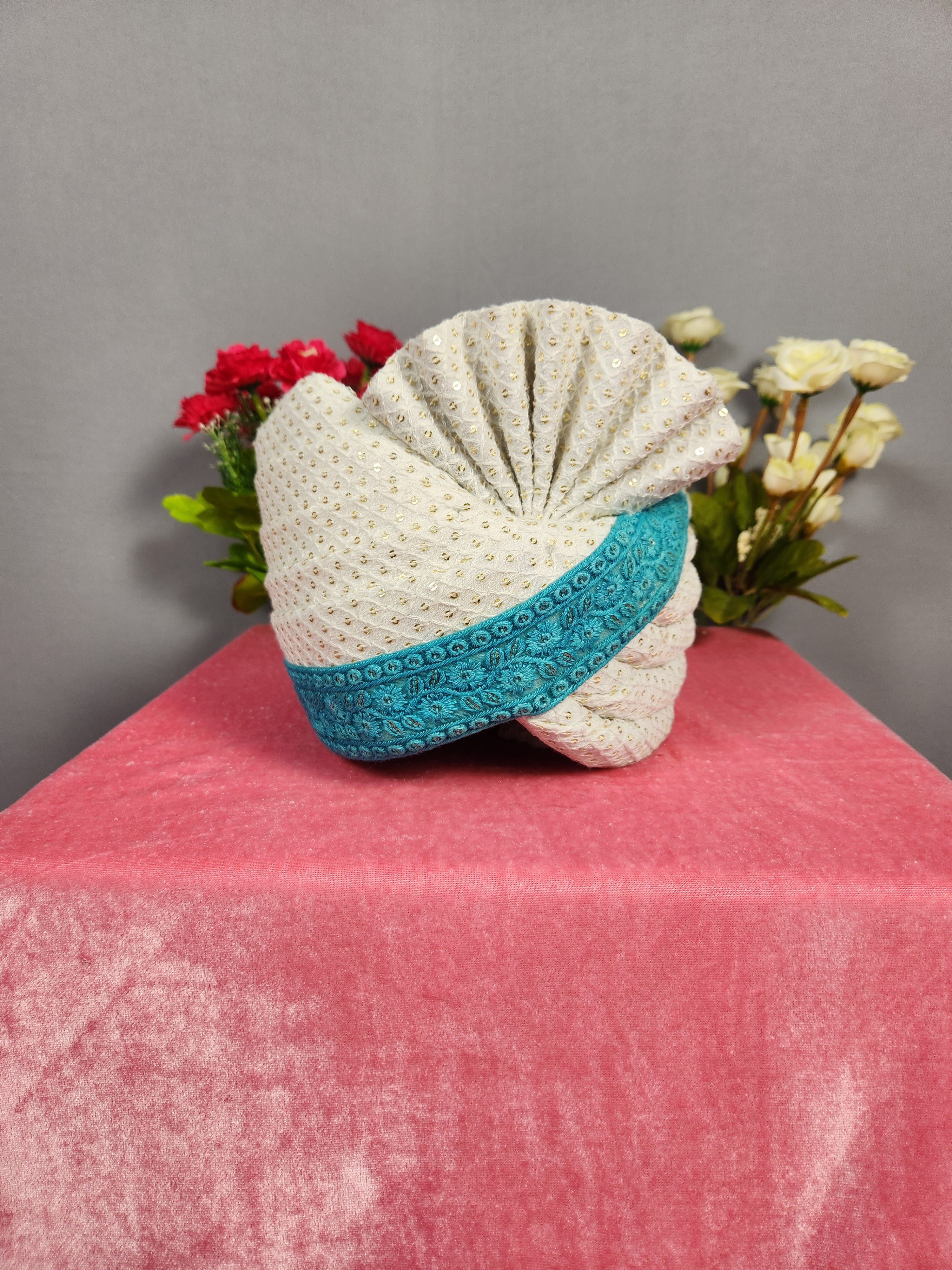 White Groom Turban With Turquoise Border