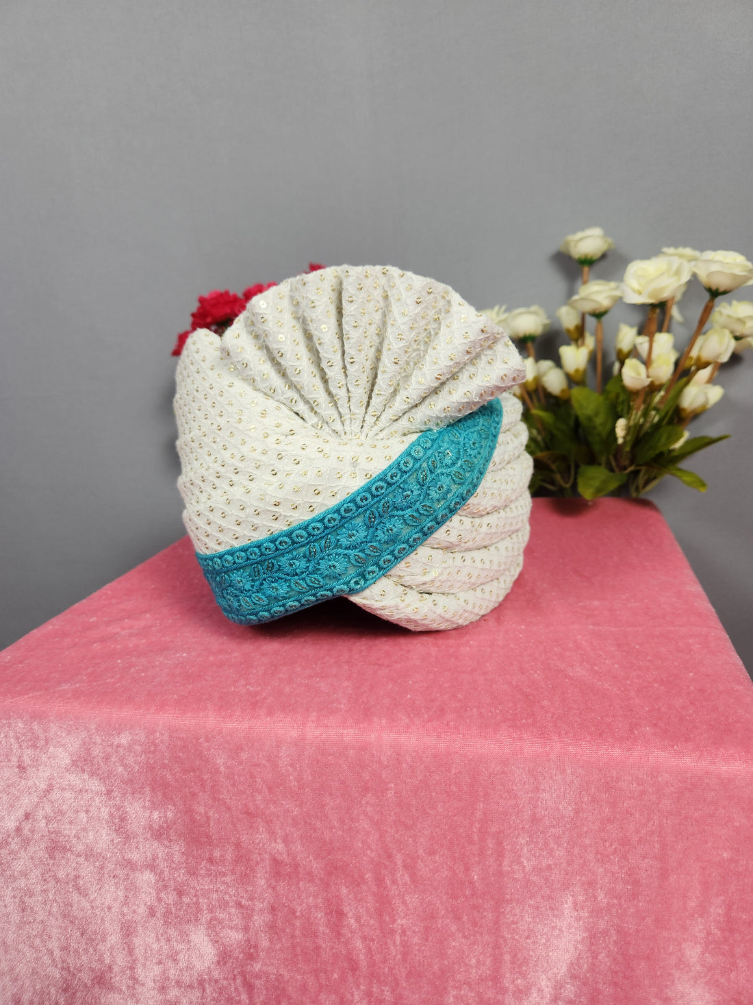 White Groom Turban With Turquoise Border