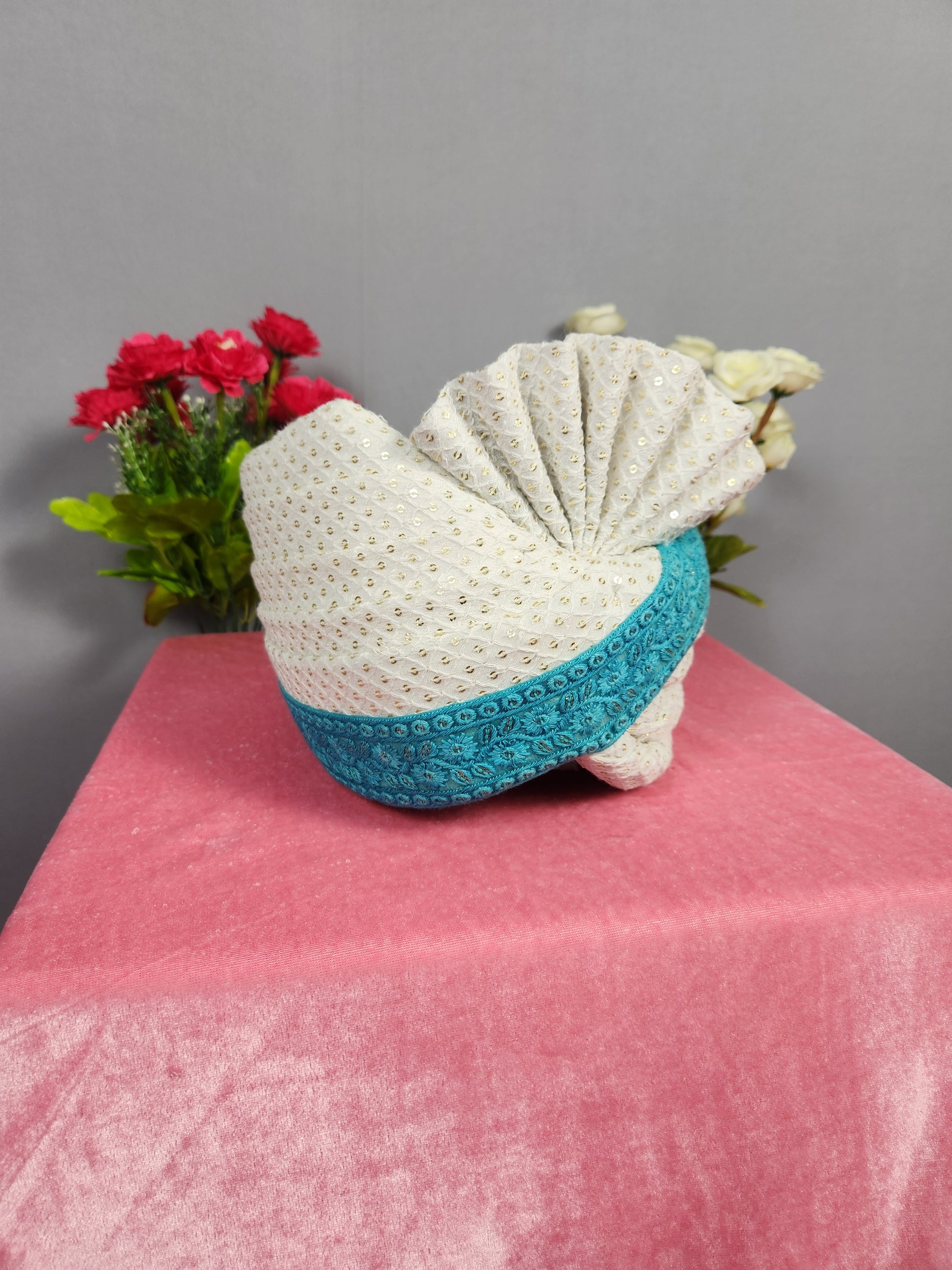 White Groom Turban With Turquoise Border