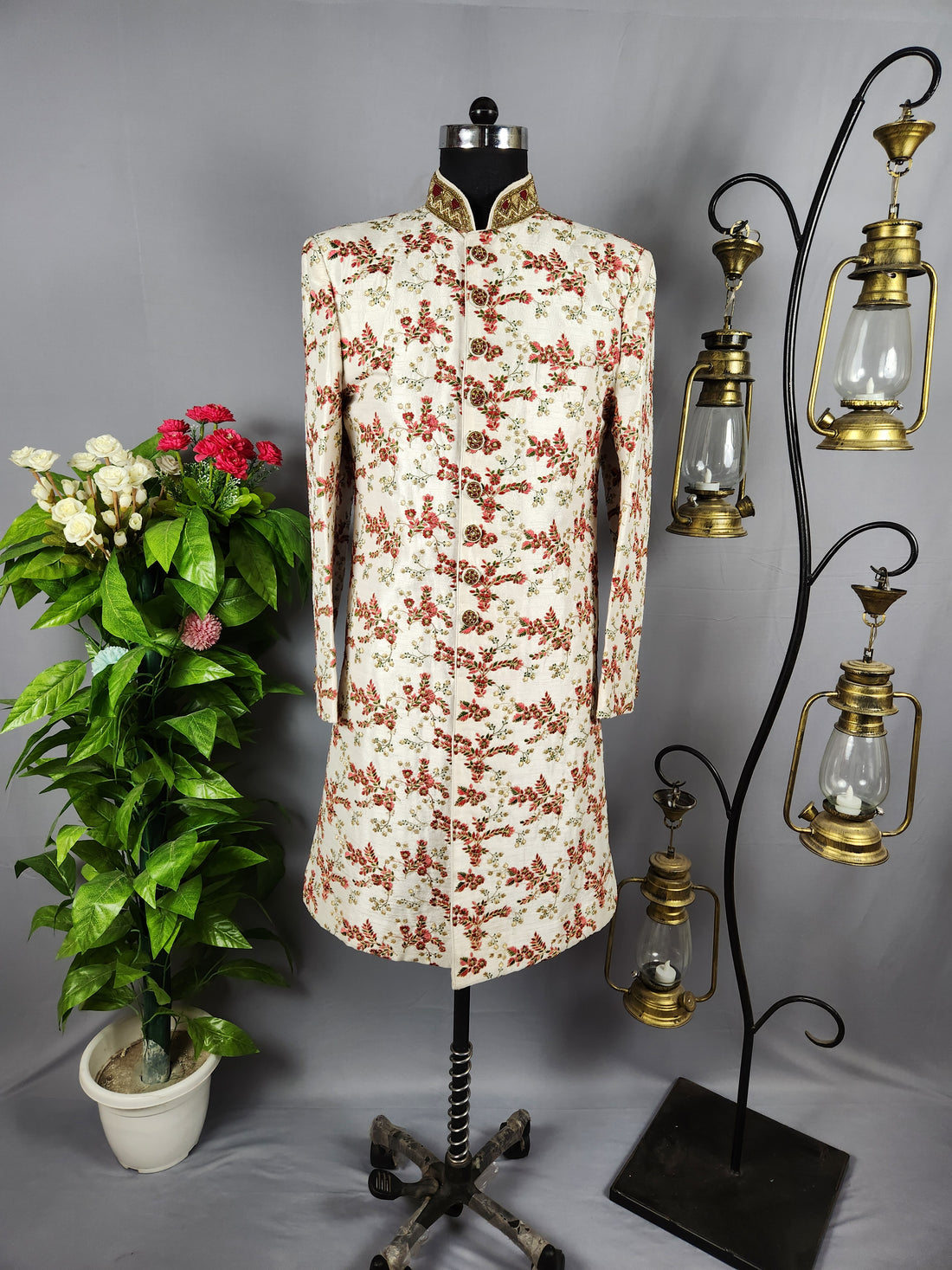 White Wedding Groom Sherwani with Red & Green Floral Embroidery