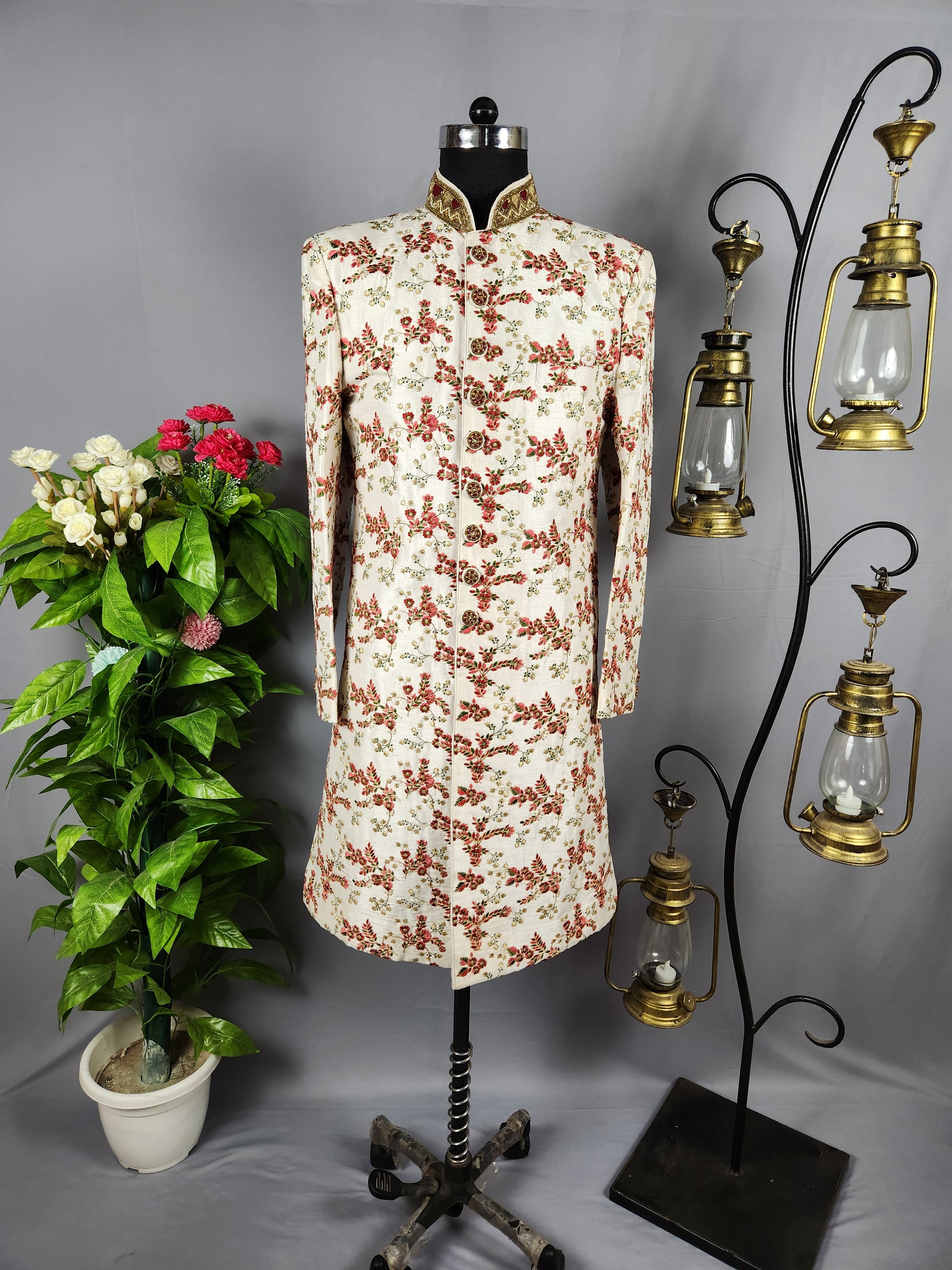White Wedding Groom Sherwani with Red & Green Floral Embroidery