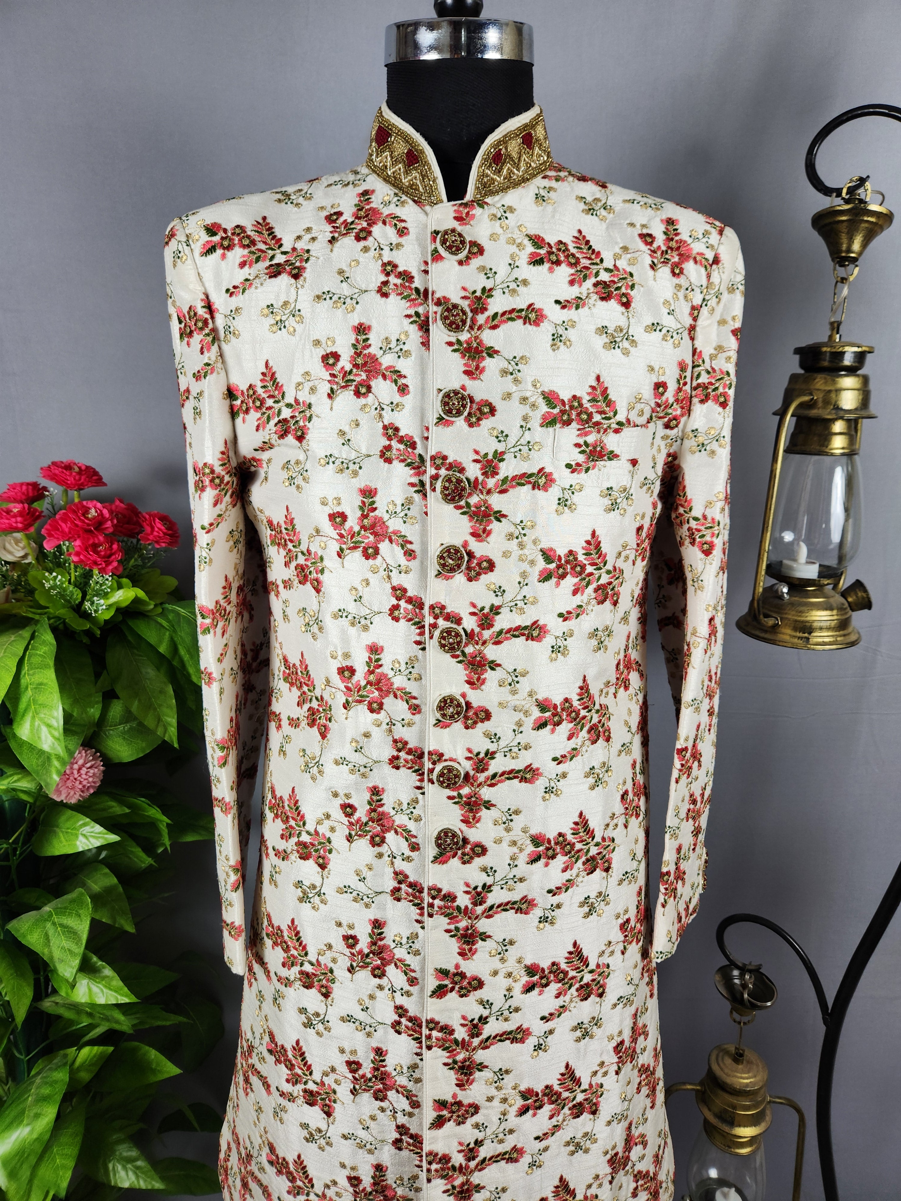 White Wedding Groom Sherwani with Red & Green Floral Embroidery