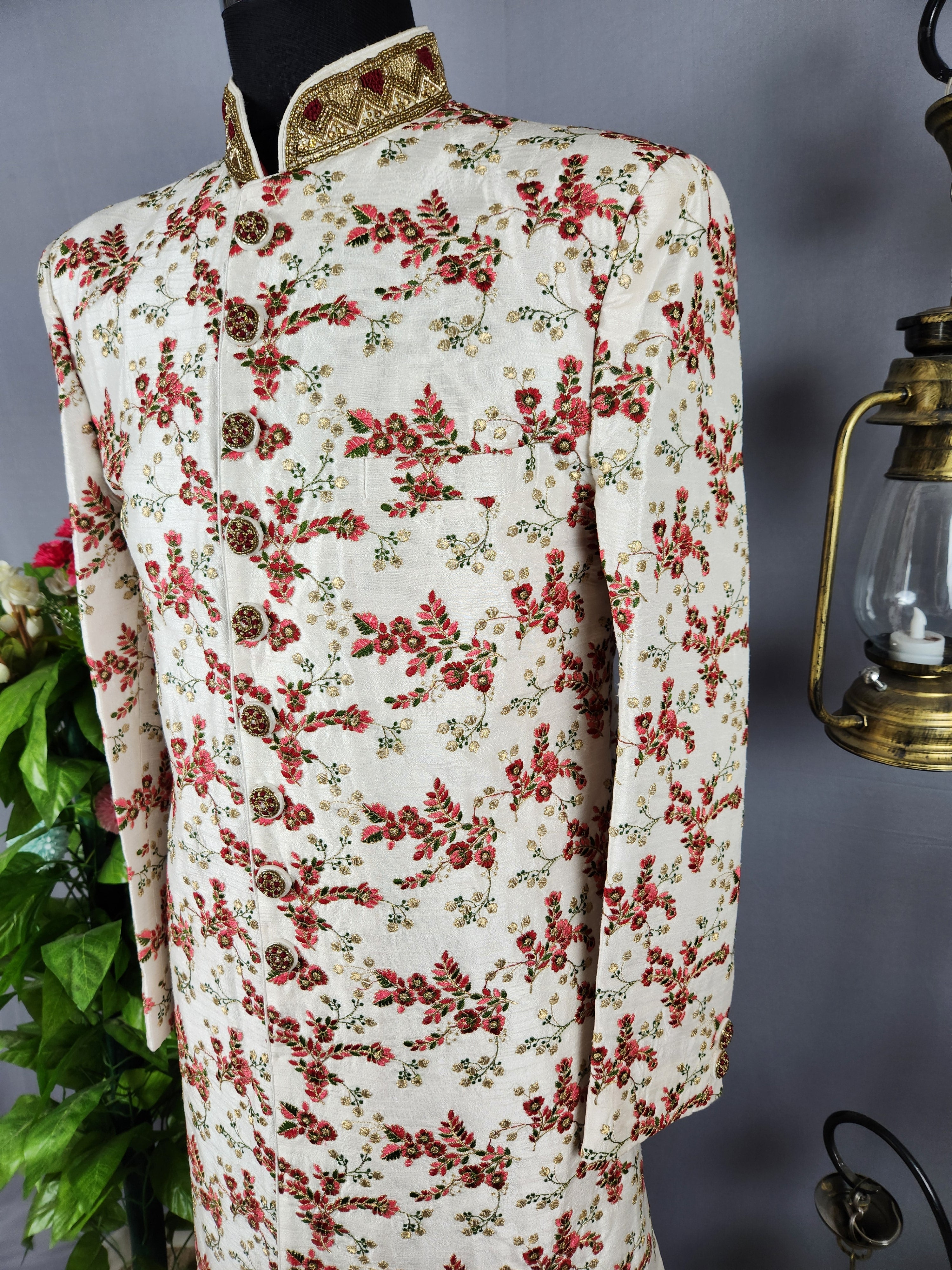 White Wedding Groom Sherwani with Red & Green Floral Embroidery