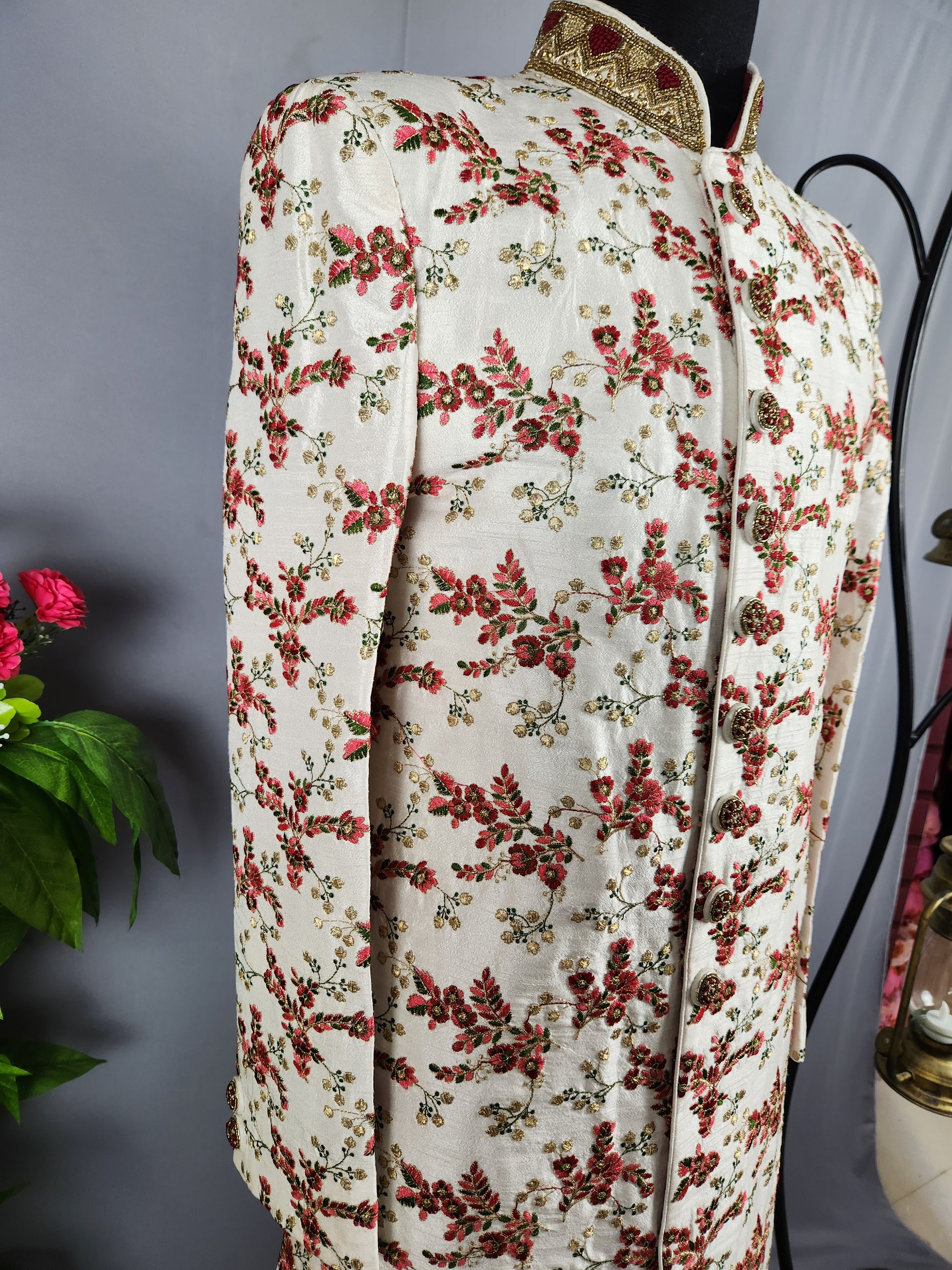 White Wedding Groom Sherwani with Red & Green Floral Embroidery