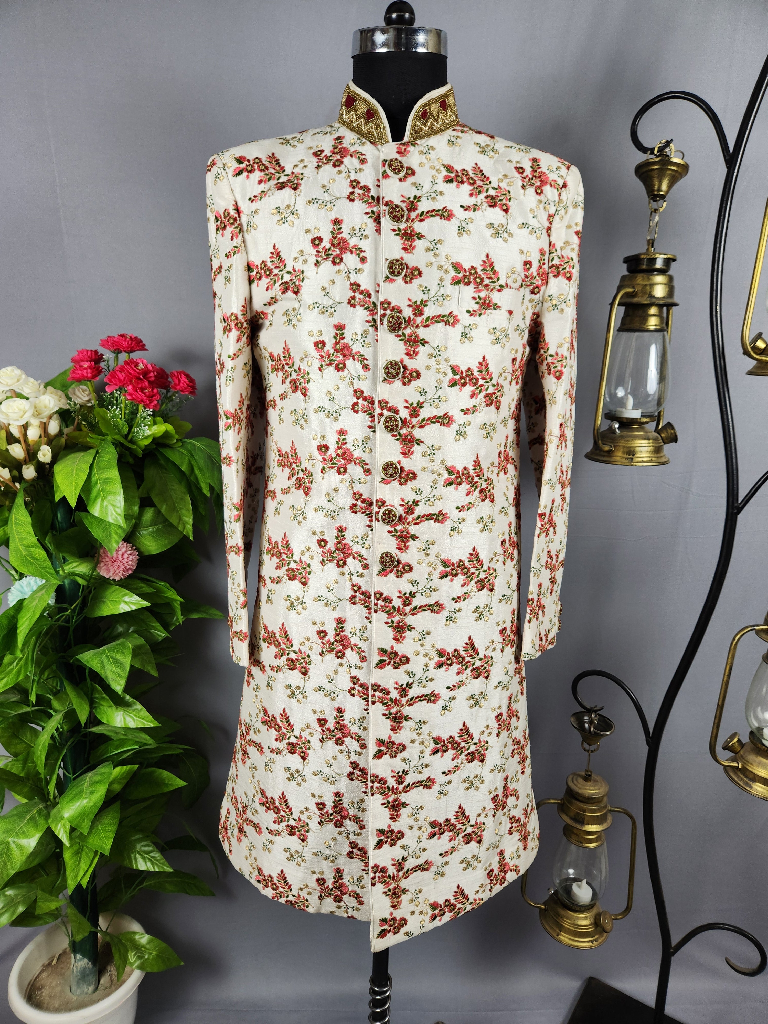 White Wedding Groom Sherwani with Red & Green Floral Embroidery