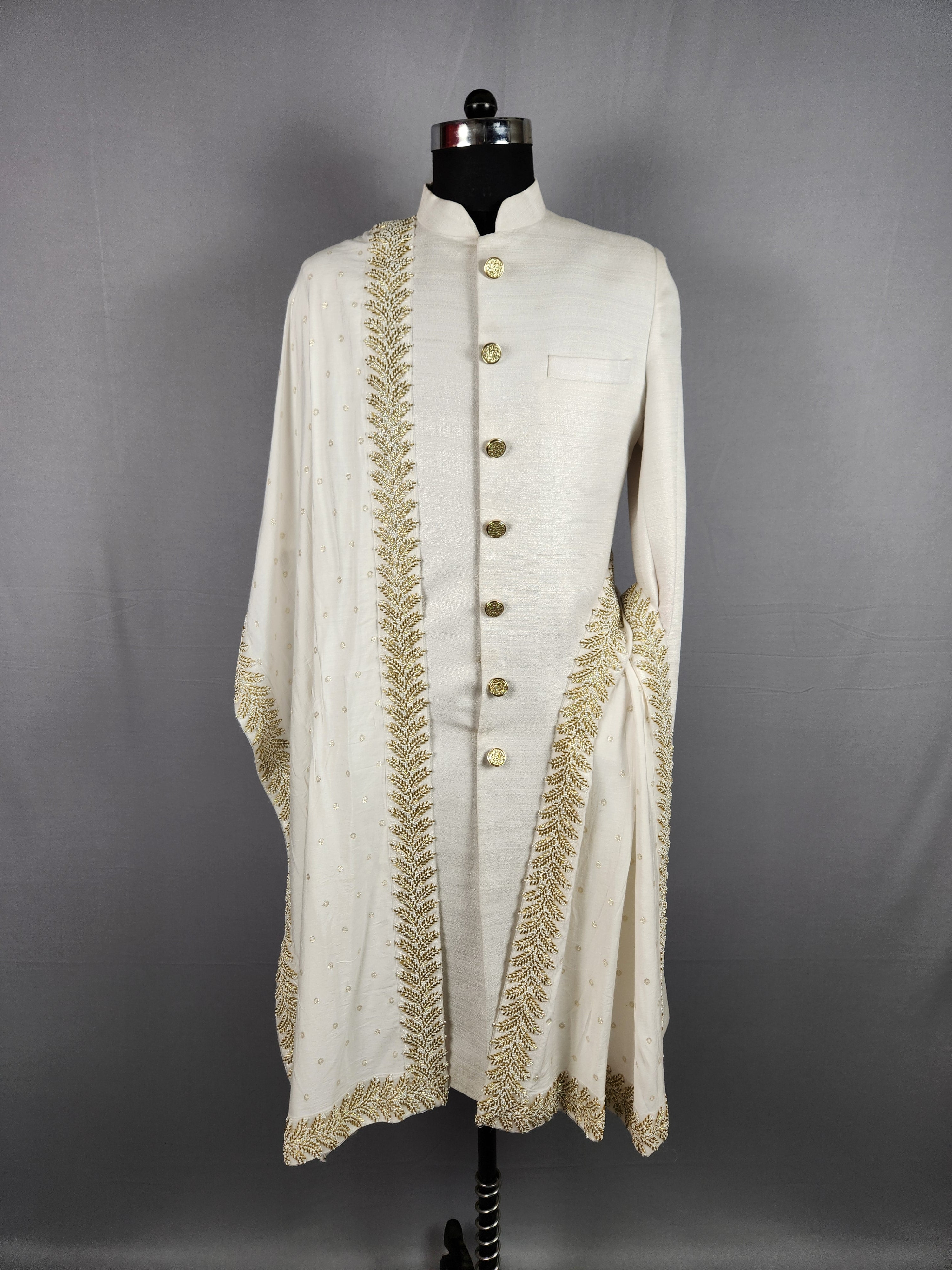 white wedding shawl for groom - embroidered sherwani stole with golden border