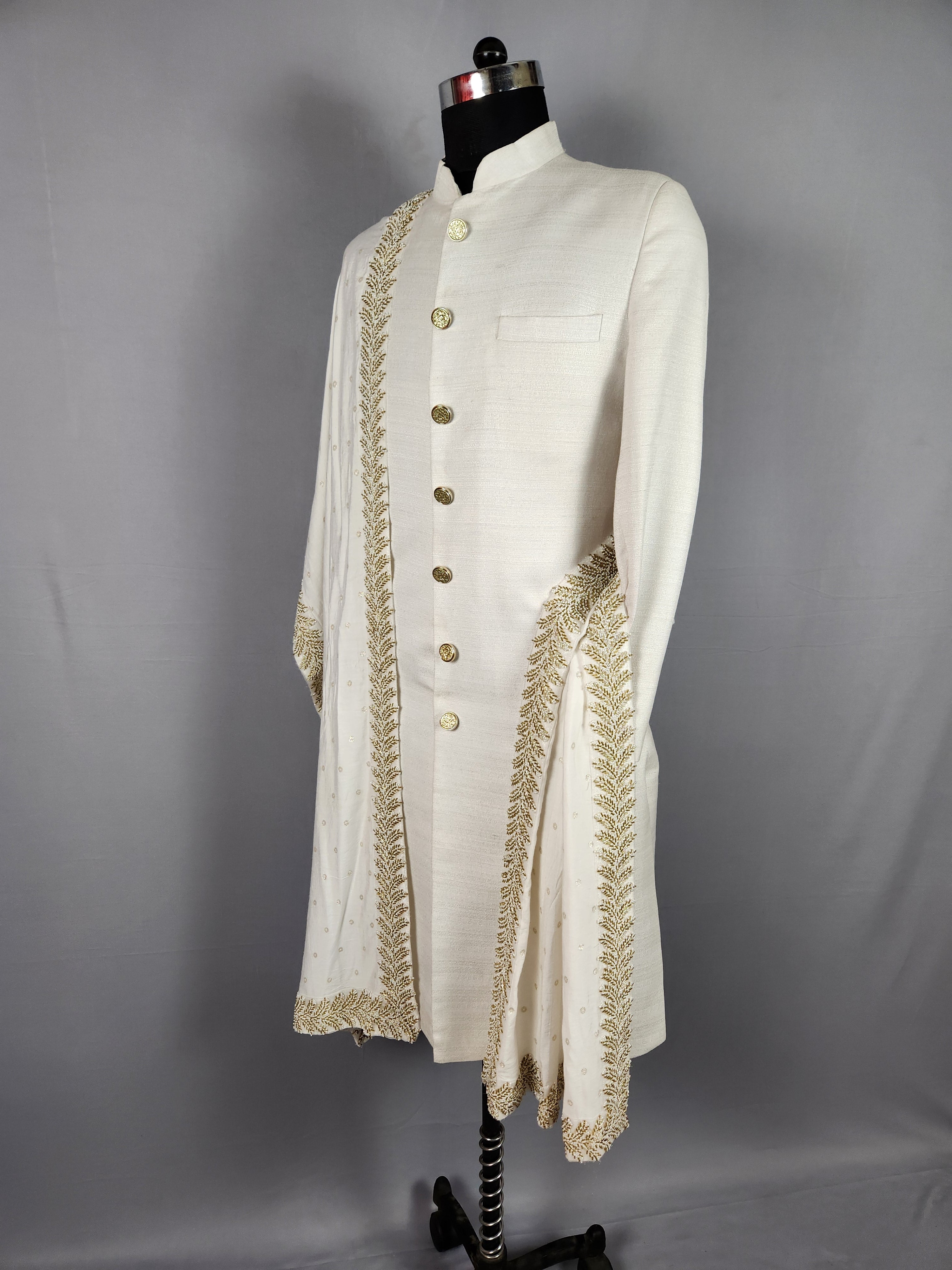 white wedding shawl for groom - embroidered sherwani stole with golden border