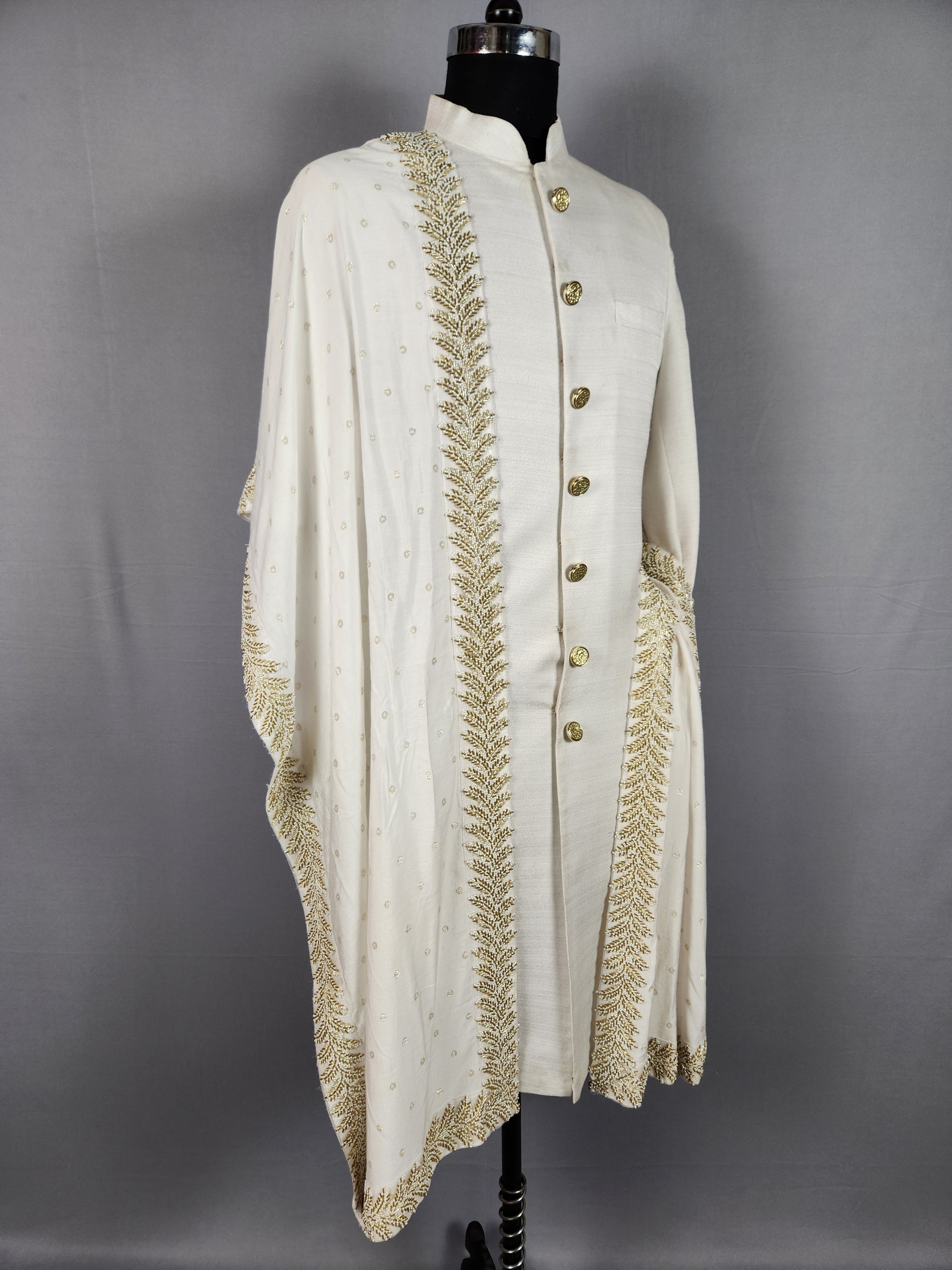 White Wedding Shawl for Groom - Embroidered Sherwani Stole with Golden Border