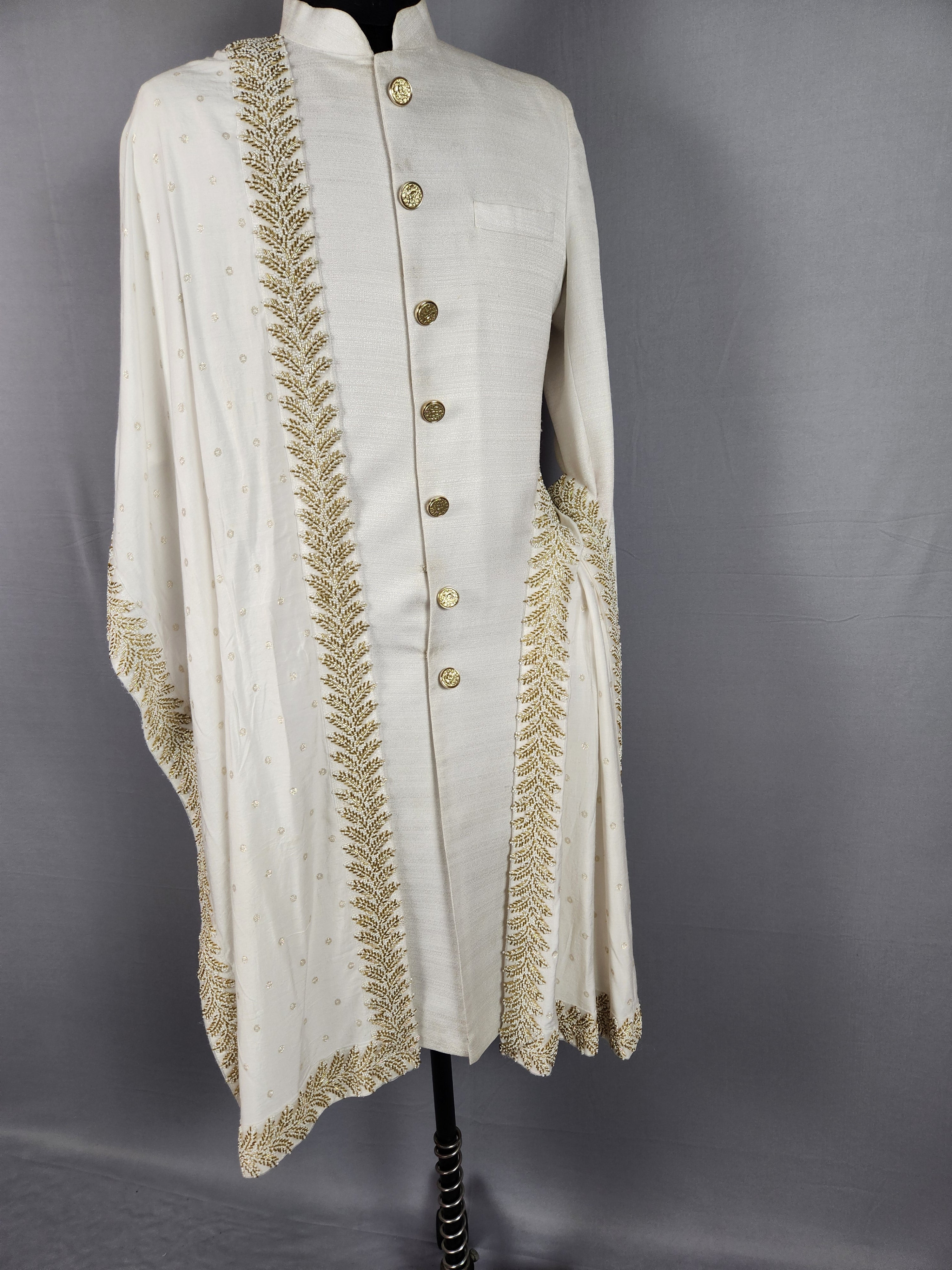 white wedding shawl for groom - embroidered sherwani stole with golden border