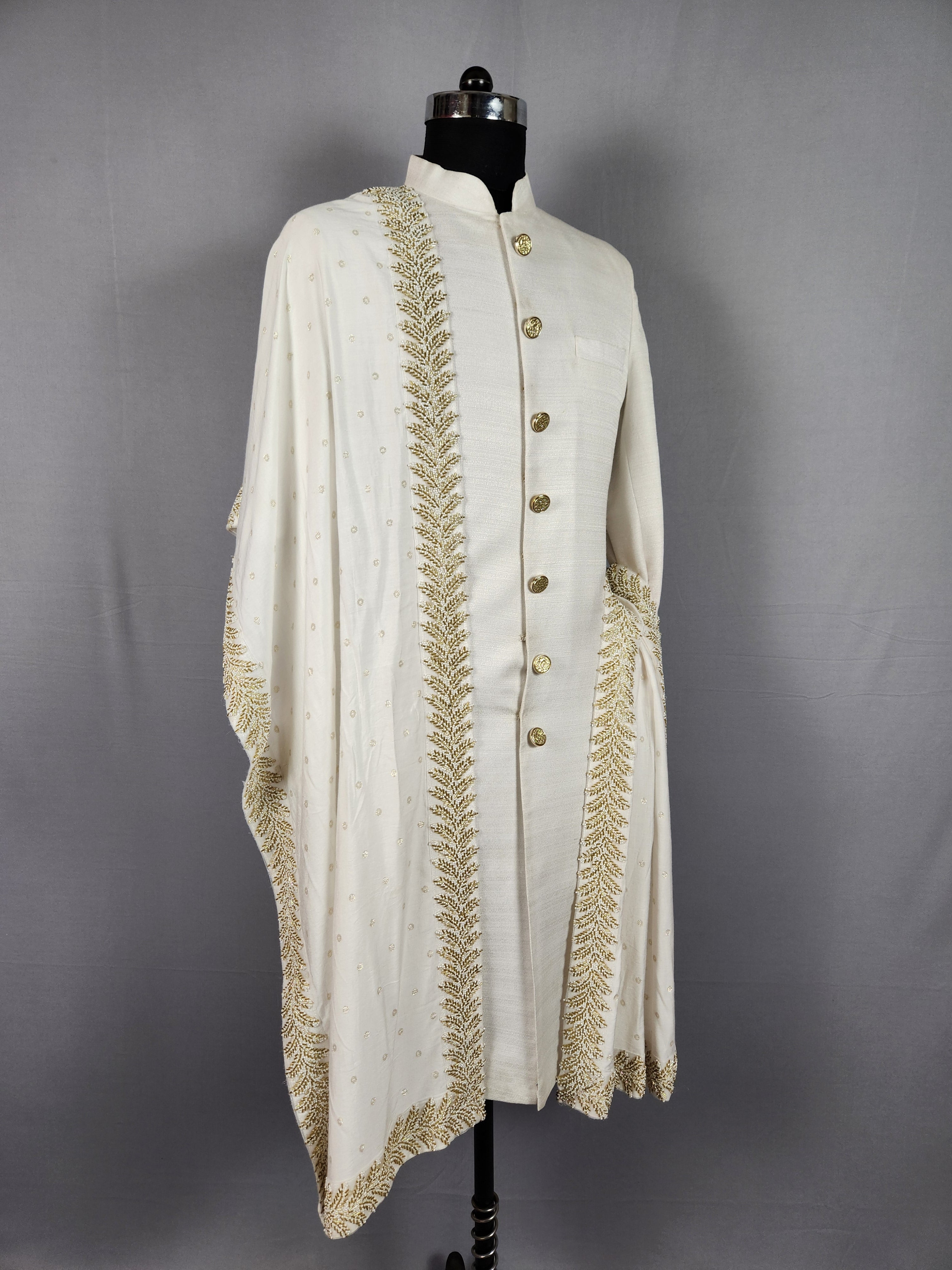 white wedding shawl for groom - embroidered sherwani stole with golden border