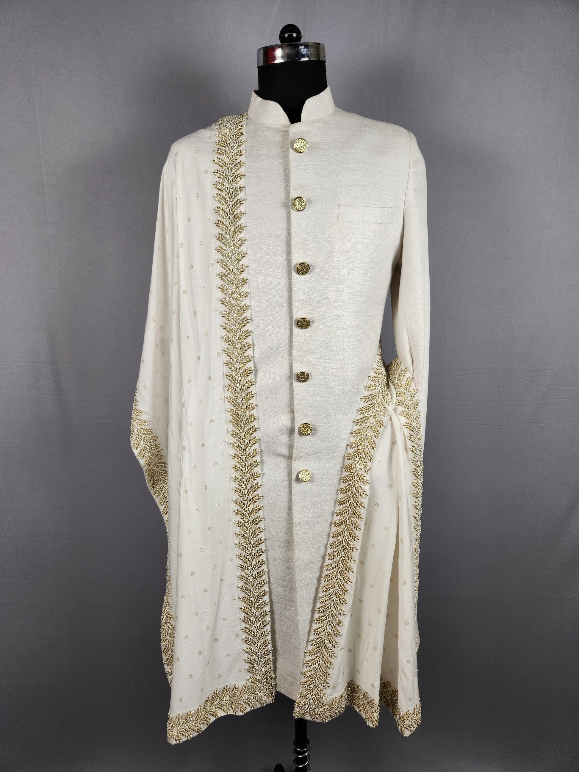 white wedding shawl for groom - embroidered sherwani stole with golden border