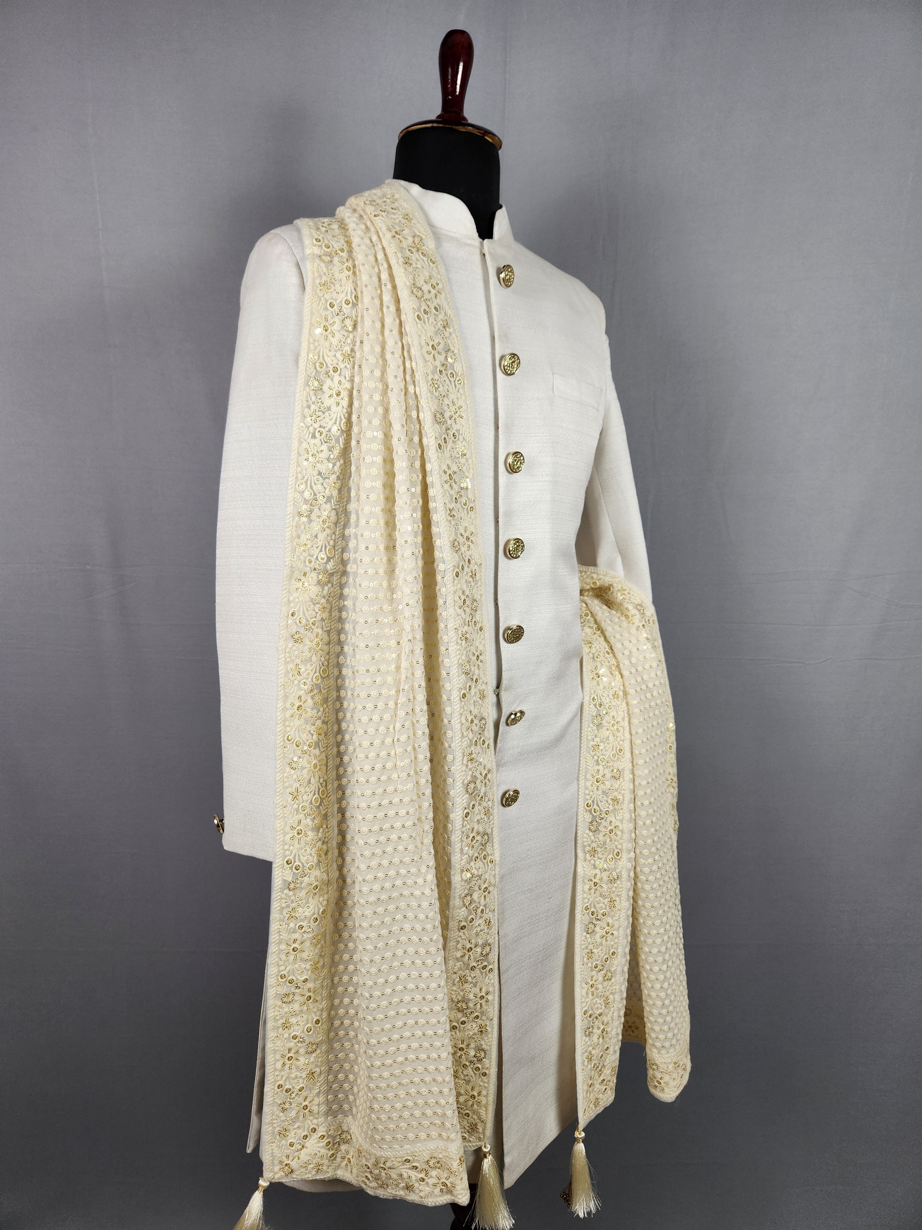 White Groom  Shawl - White Chikankari Wedding Shawl