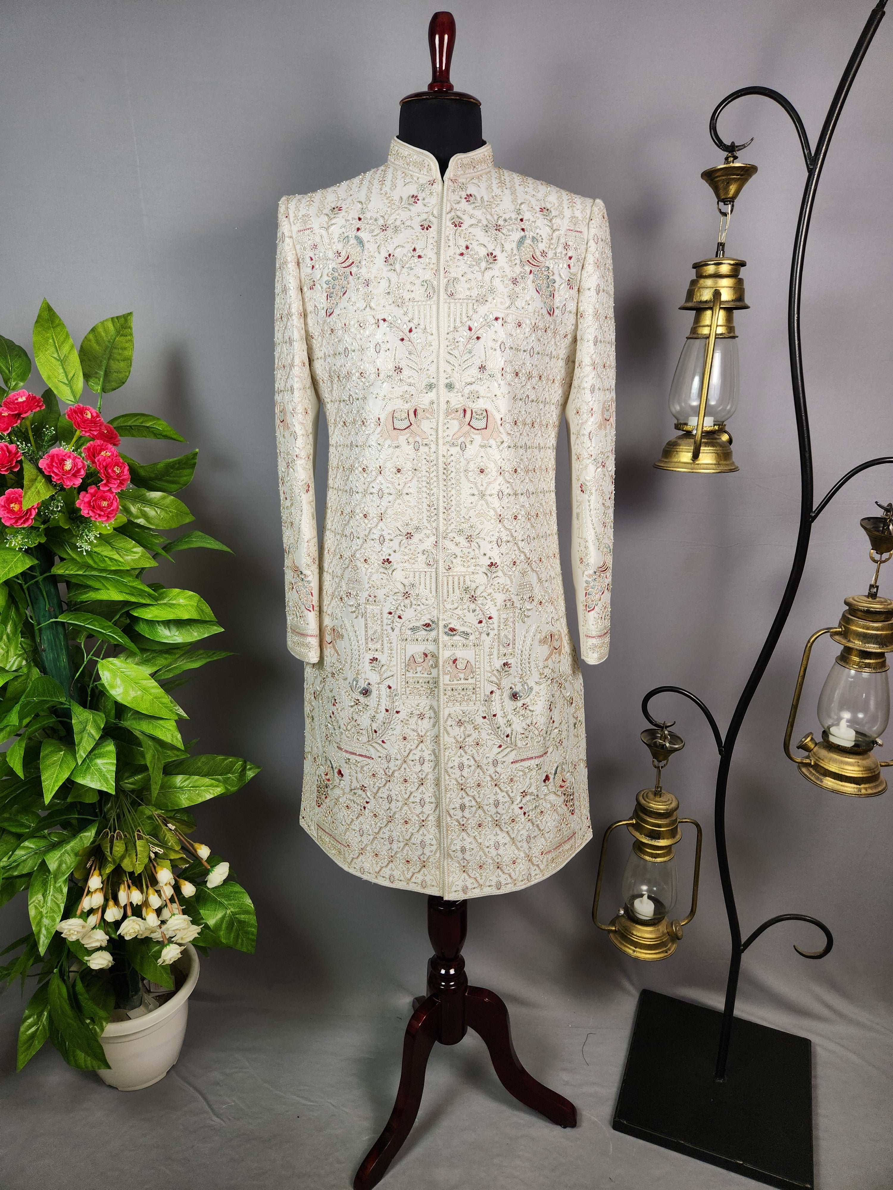 White Sherwani for Groom Peacock Design -   Indian Wedding Outfit for Men