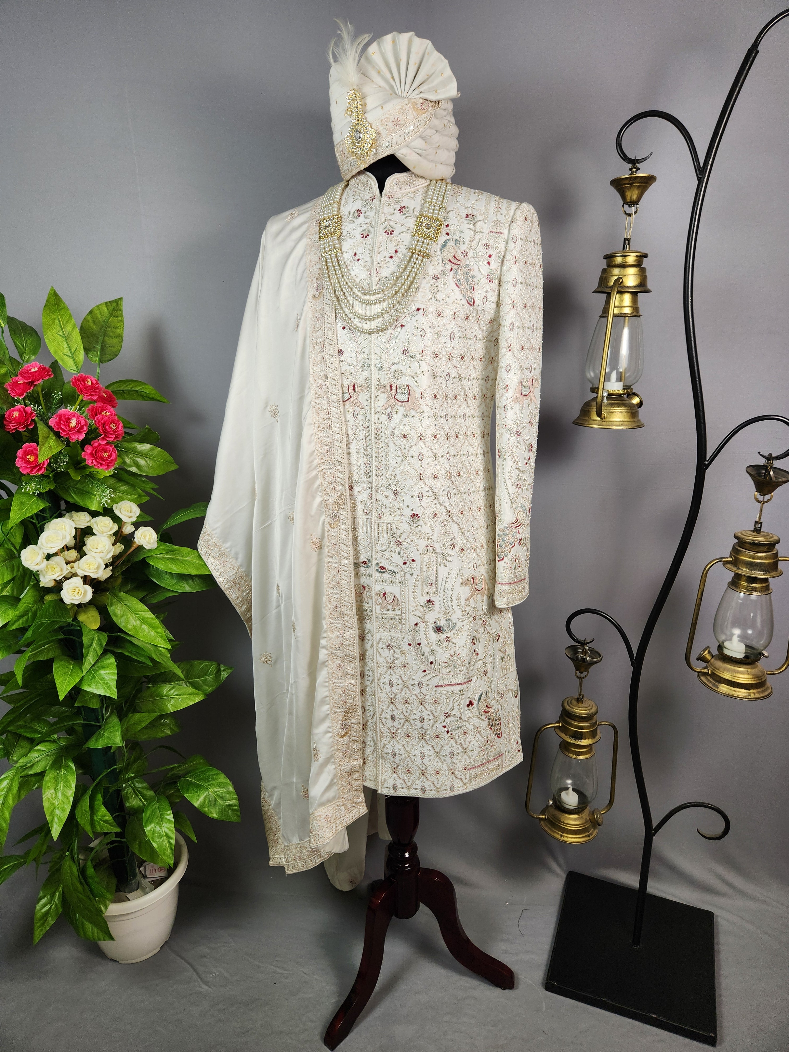 White Sherwani for Groom Peacock Design -   Indian Wedding Outfit for Men