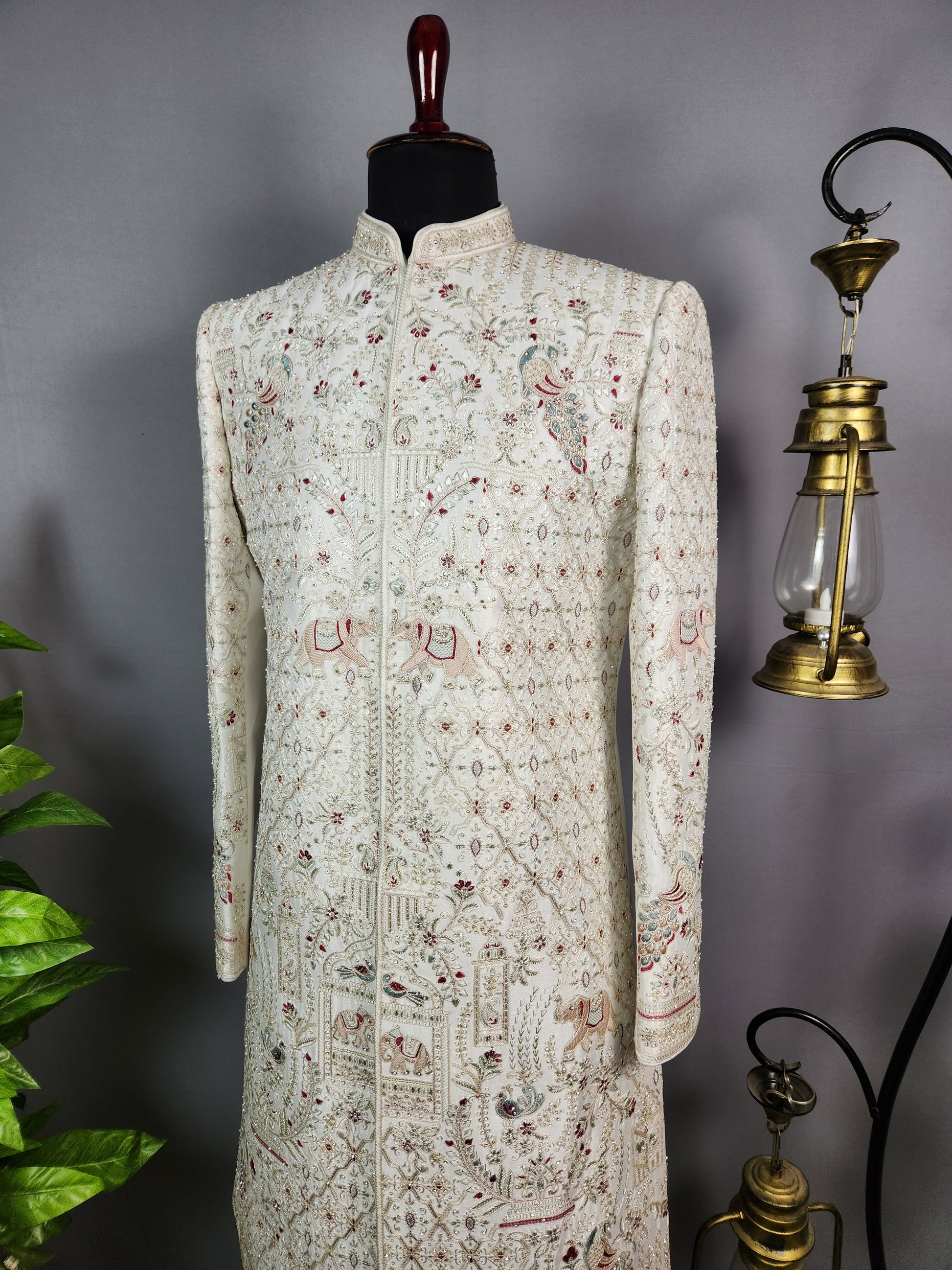White Sherwani for Groom Peacock Design -   Indian Wedding Outfit for Men