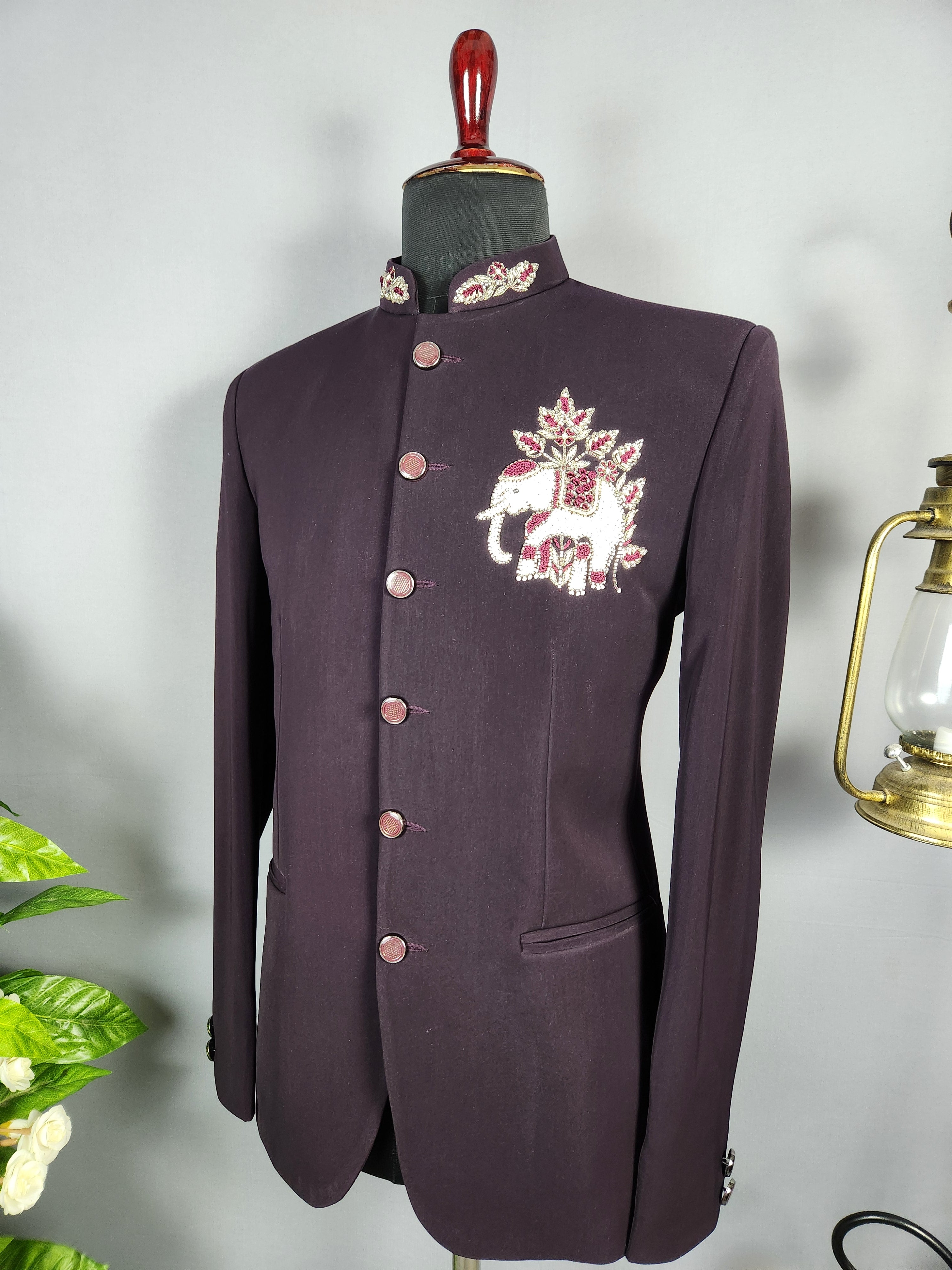 Wine Jodhpuri Suit for Men  -   Indian Wedding Outfit for Men