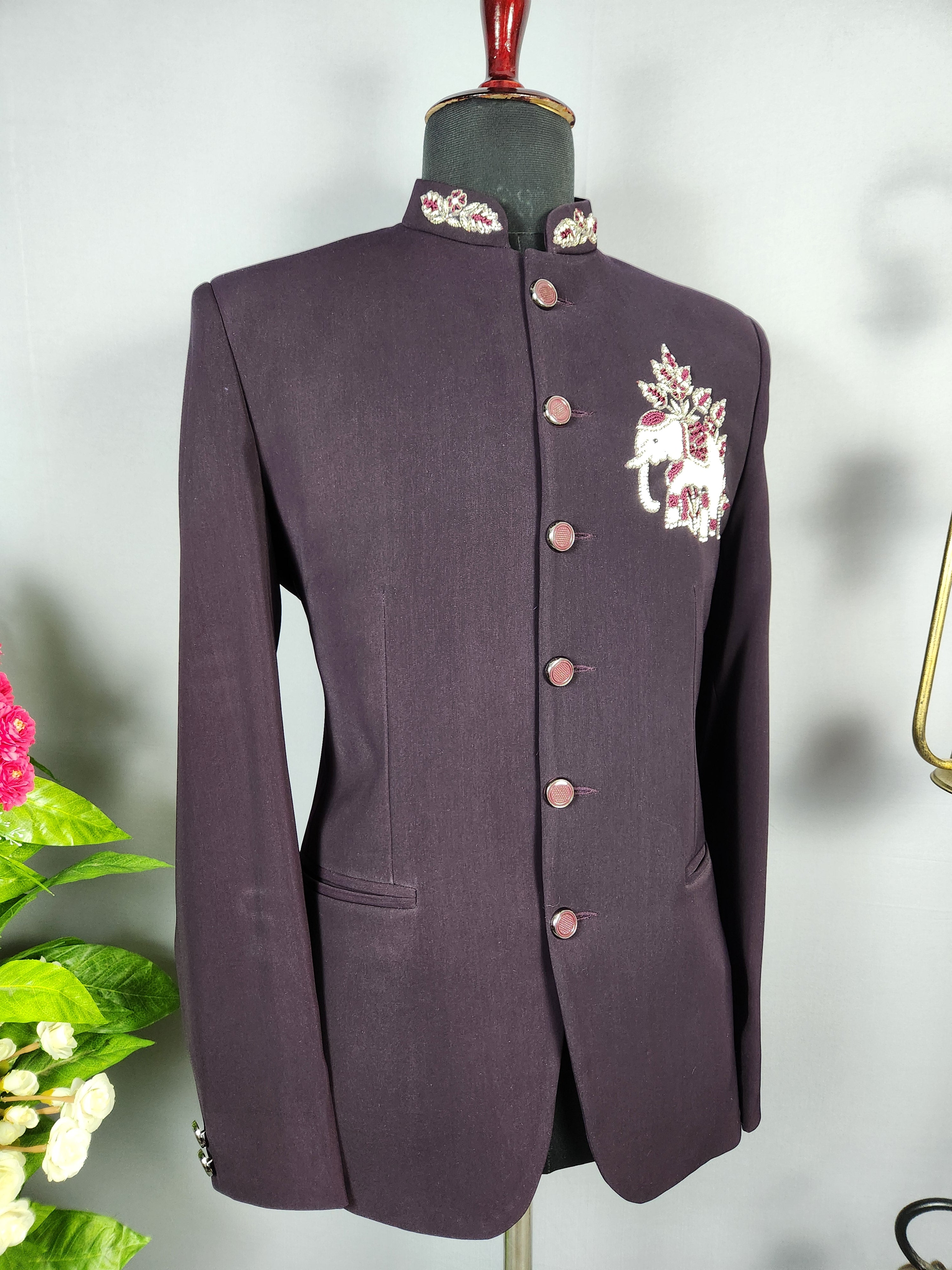 Wine Jodhpuri Suit for Men  -   Indian Wedding Outfit for Men