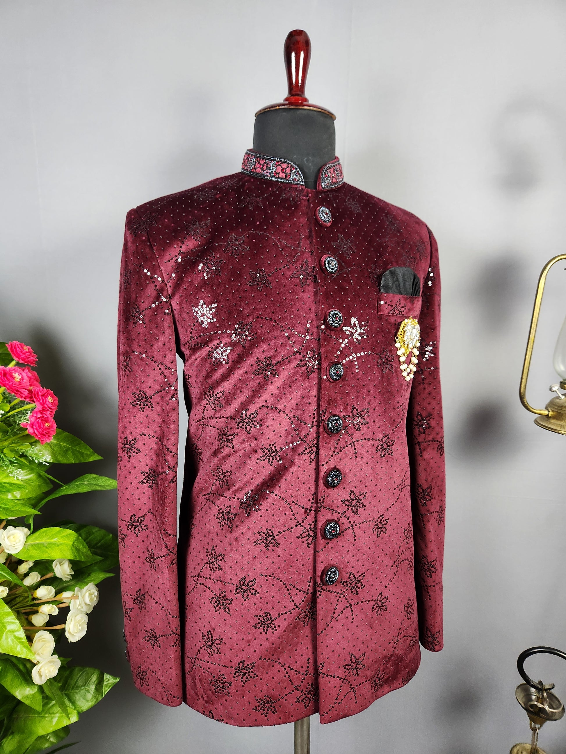 Wine Jodhpuri Suit for Men  -   Indian Wedding Outfit for Men