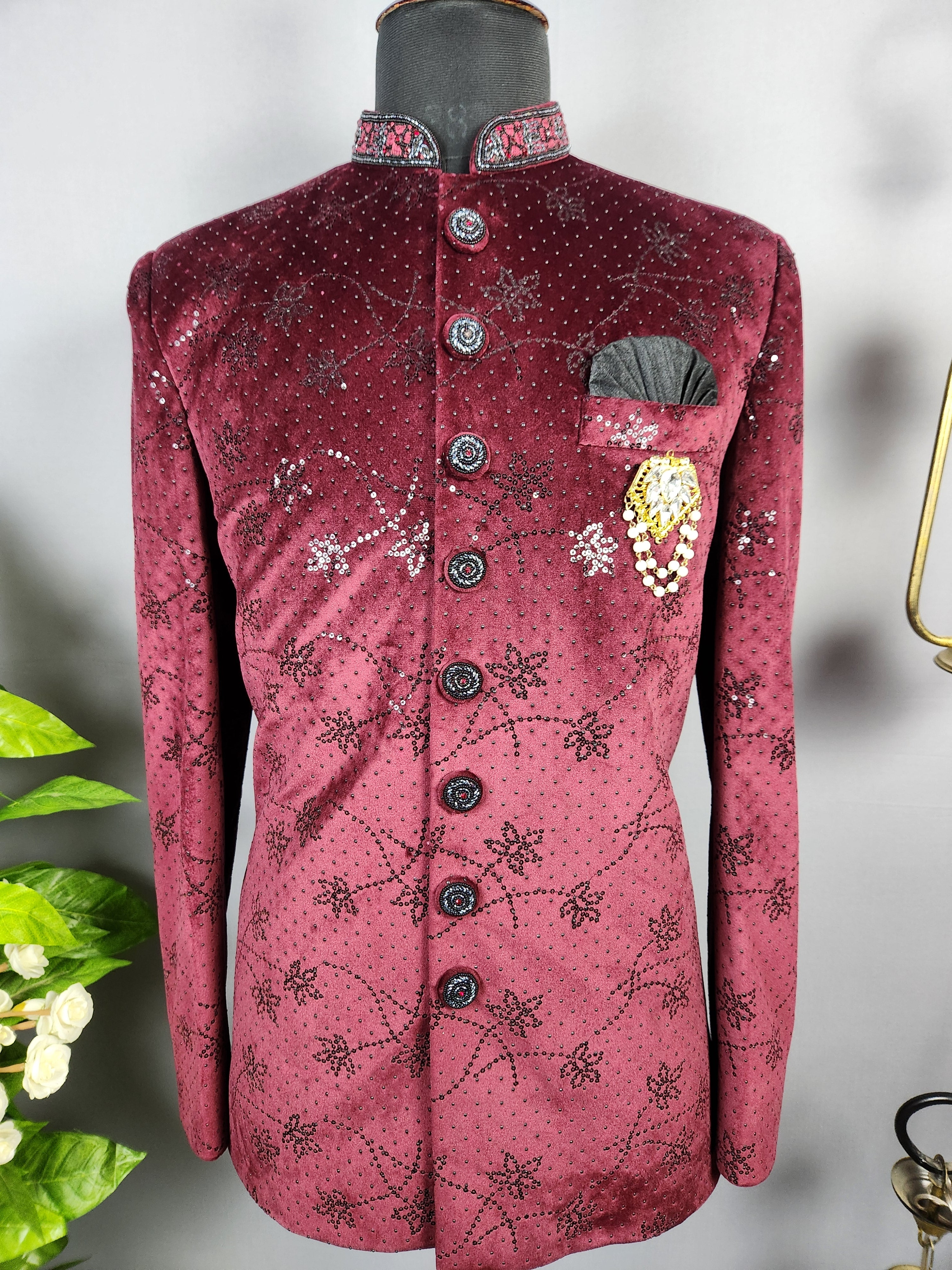 Wine Jodhpuri Suit for Men  -   Indian Wedding Outfit for Men