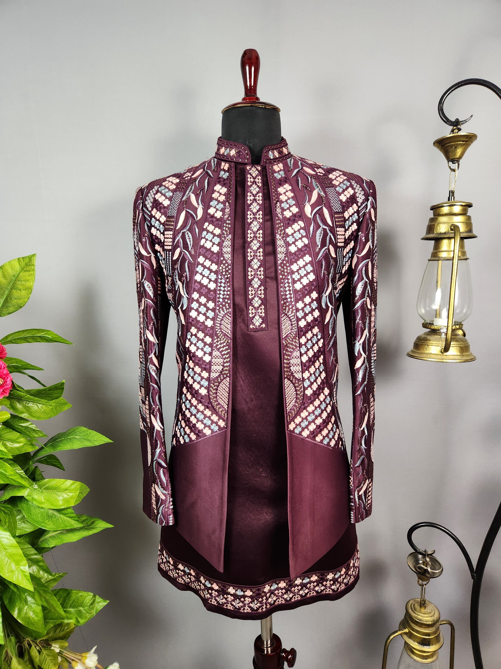 Wine Indo-Western Sherwani for Groom  -   Indian Wedding Outfit for Men