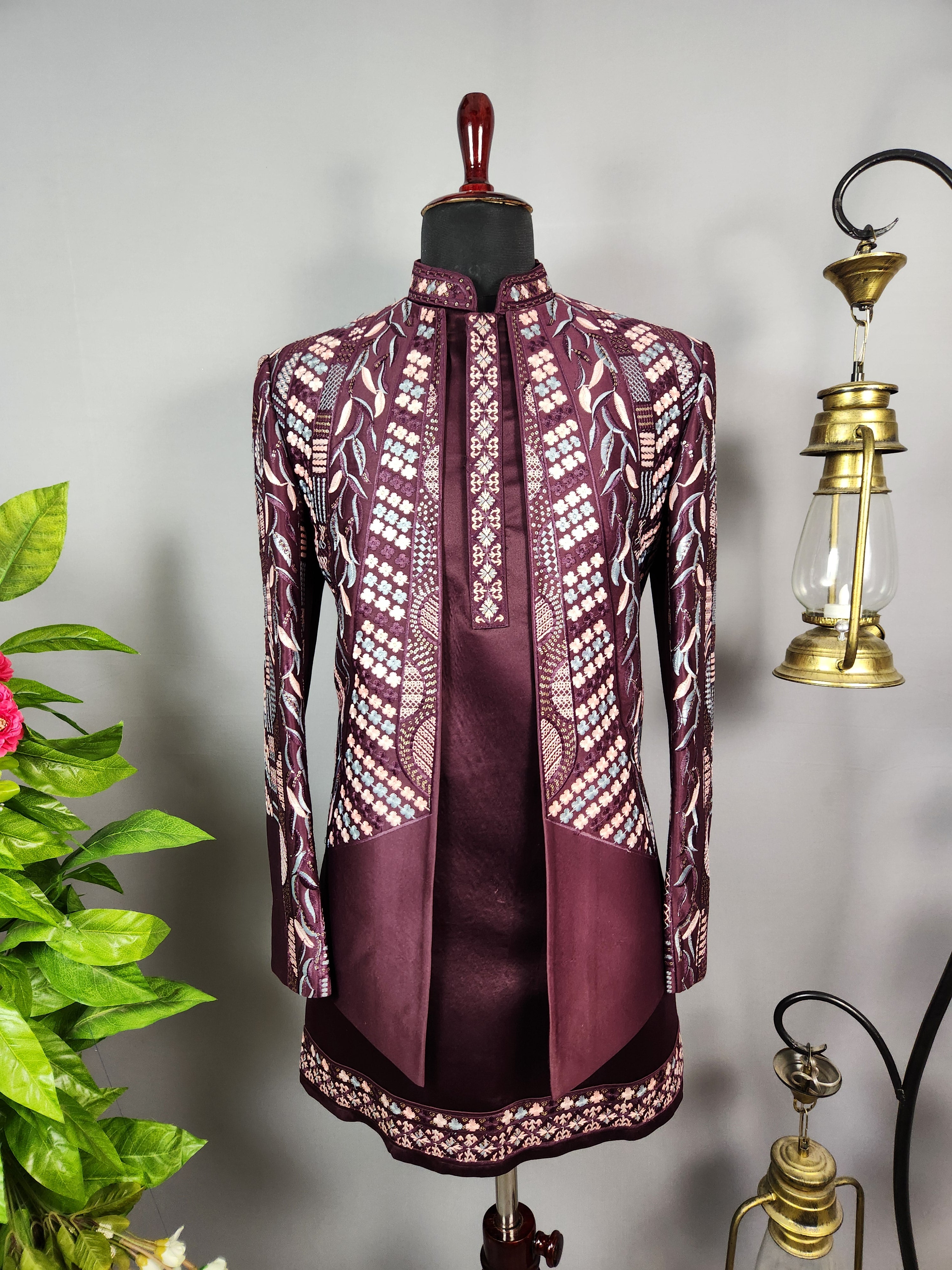 Wine Indo-Western Sherwani for Groom  -   Indian Wedding Outfit for Men