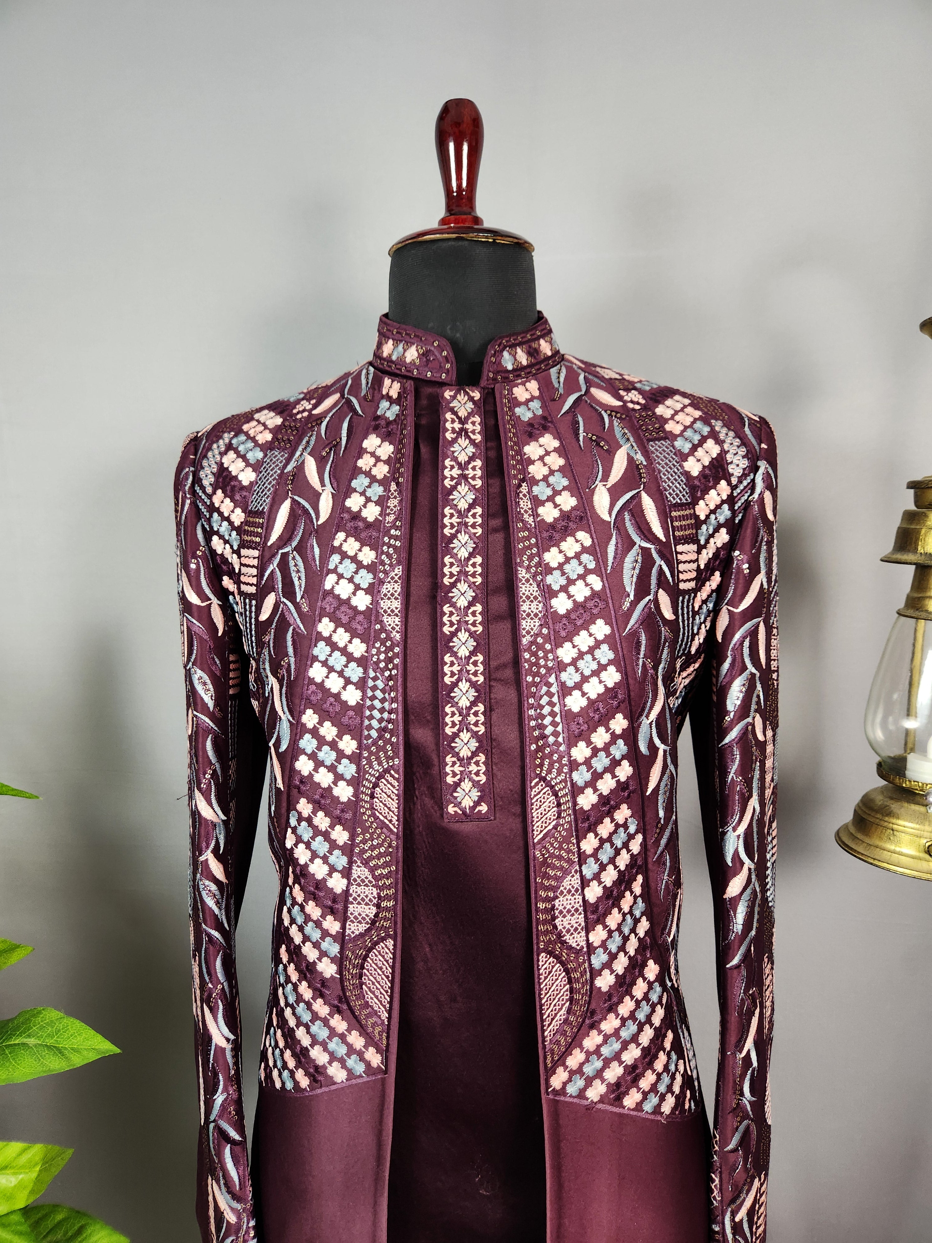 Wine Indo-Western Sherwani for Groom  -   Indian Wedding Outfit for Men