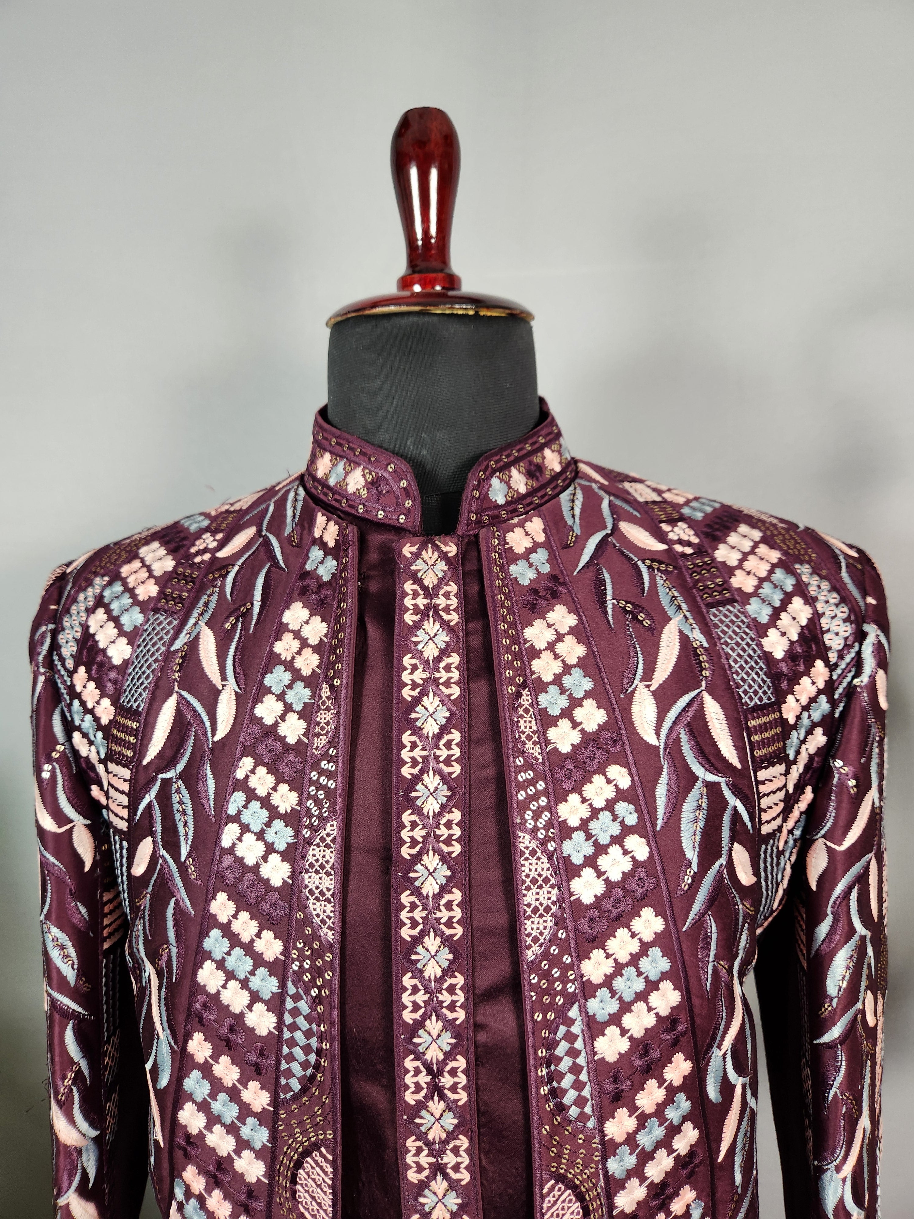 Wine Indo-Western Sherwani for Groom  -   Indian Wedding Outfit for Men