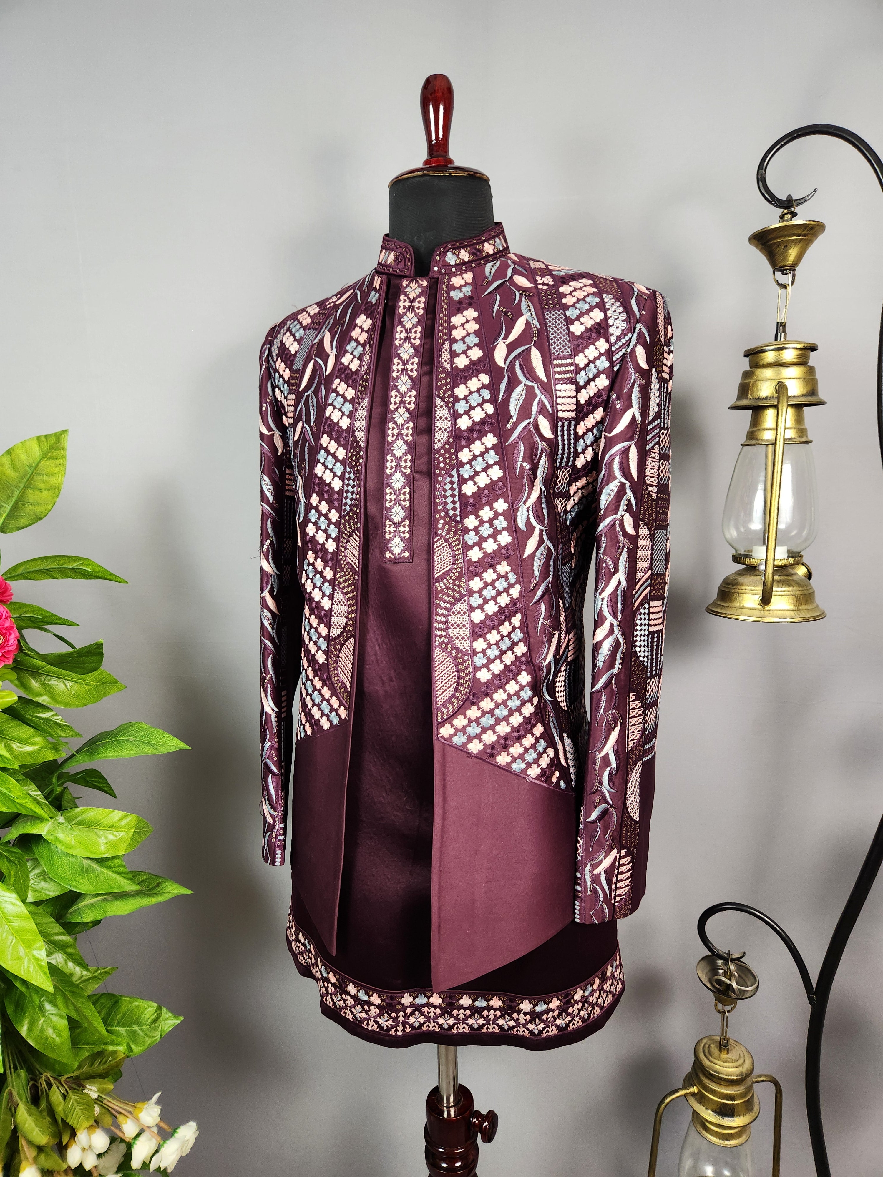 Wine Indo-Western Sherwani for Groom  -   Indian Wedding Outfit for Men