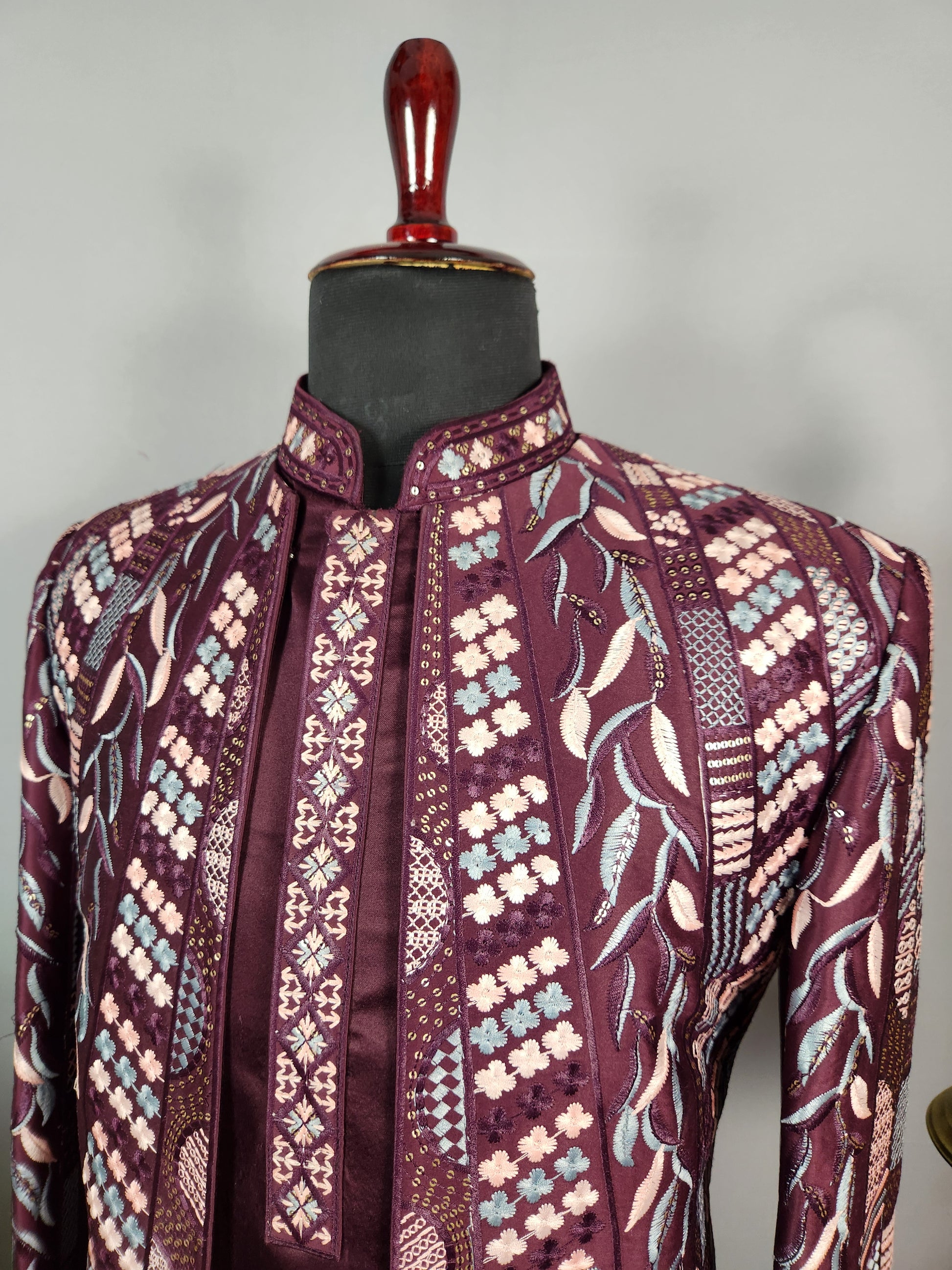 Wine Indo-Western Sherwani for Groom  -   Indian Wedding Outfit for Men