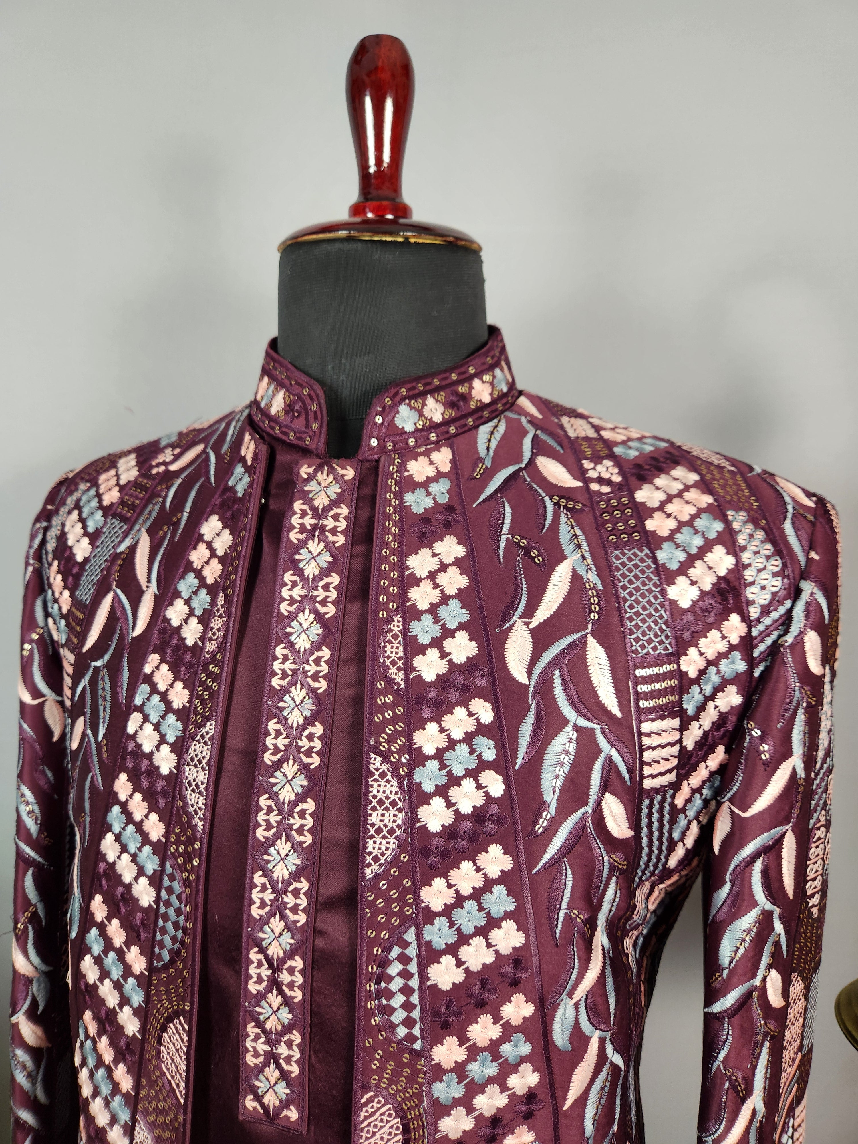 Wine Indo-Western Sherwani for Groom  -   Indian Wedding Outfit for Men
